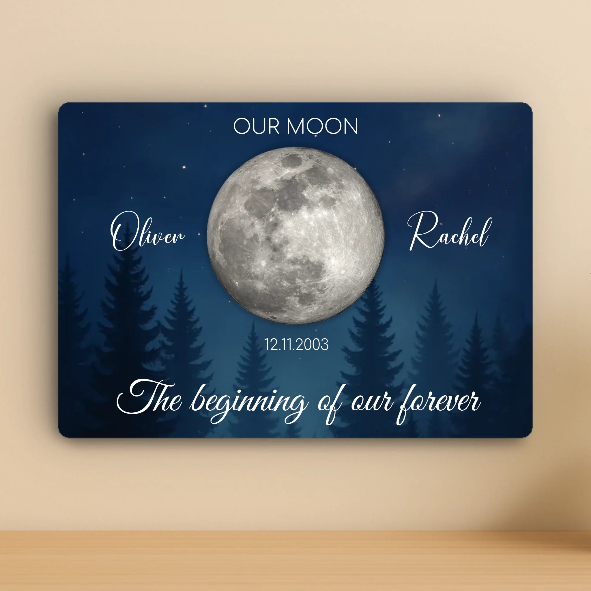 Personalised Moon Phase Aluminium Panel – Custom Night Sky with Names, Date & Quote – A4/A3 Metal Wall Art Couples Gift