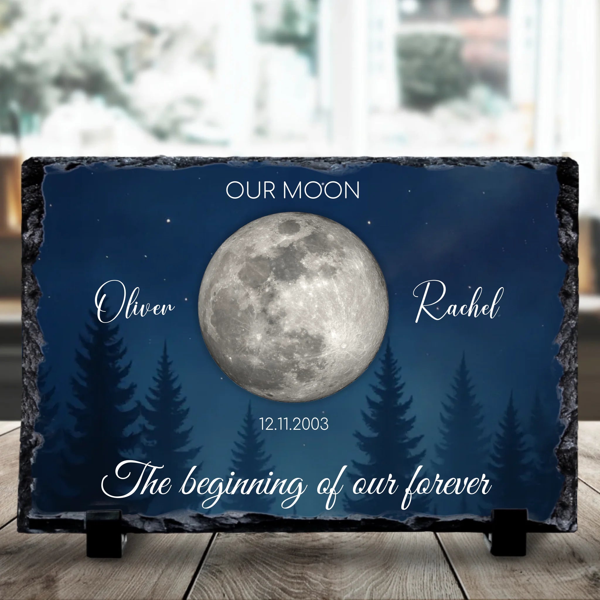 Personalised photo slate with moon phase design, custom names, date and quote printed on rectangular slate