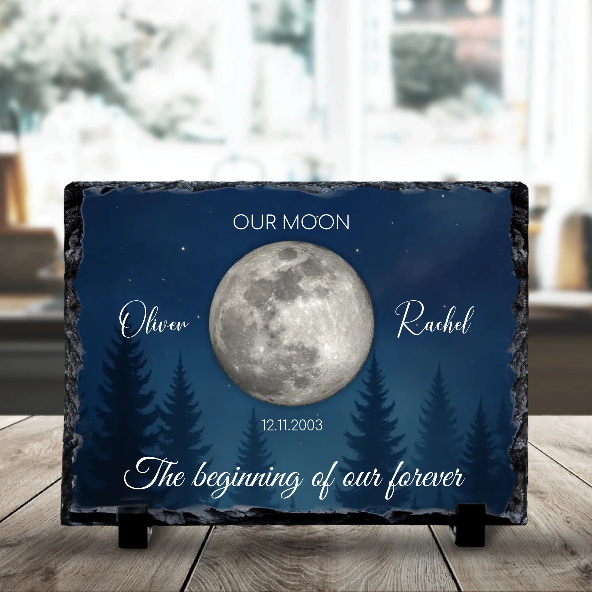 19x14cm rectangular custom photo slate showing a personalised night sky and moon phase design