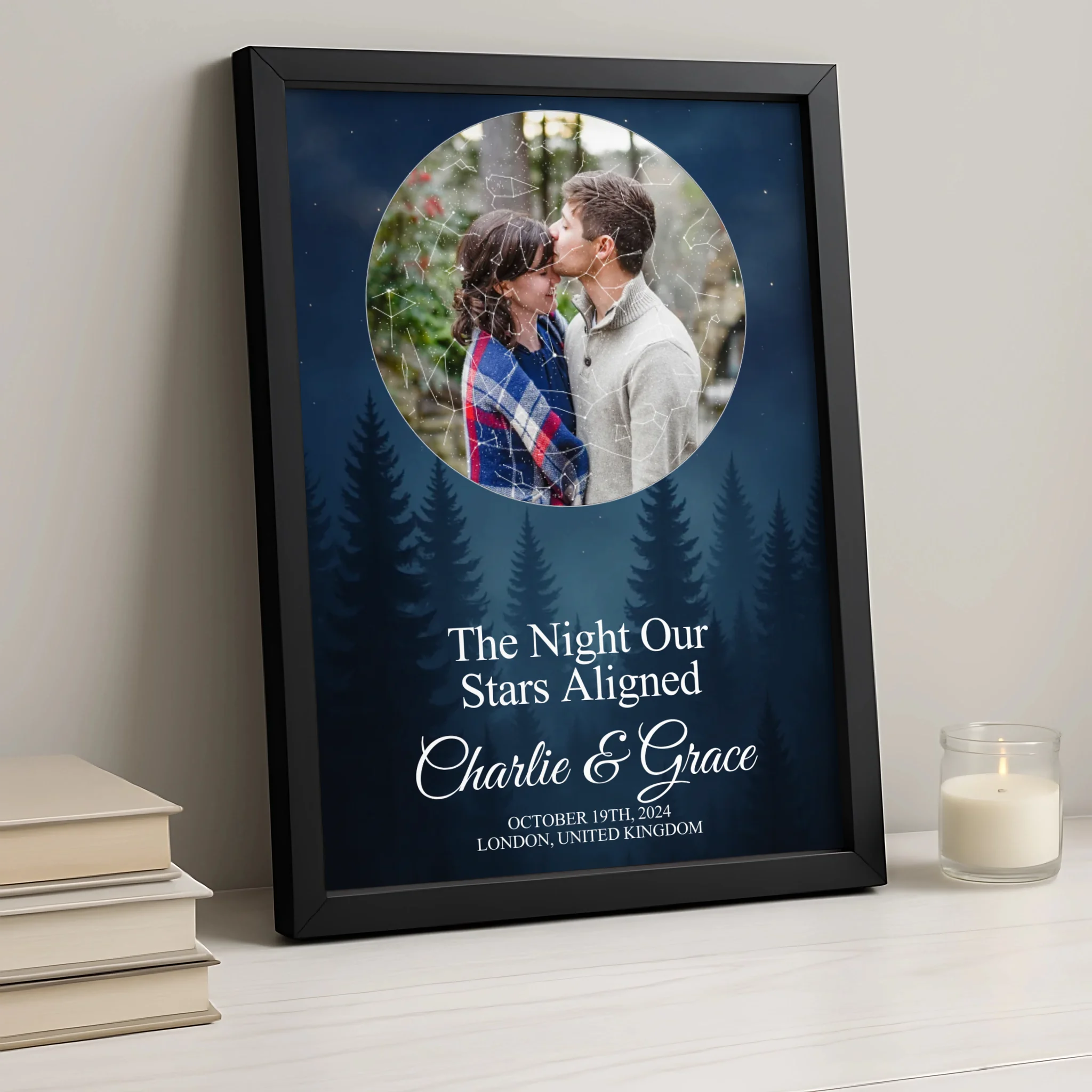Personalised photo and star map print in a white frame, showing location and date text below the night sky