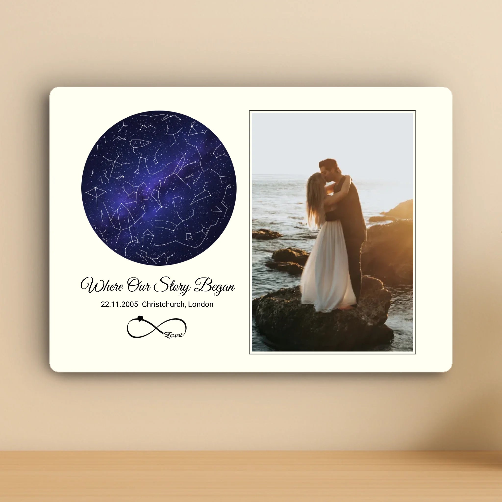 Personalised Photo & Star Map Aluminium Panel – Custom Night Sky, Date & Location – A4/A3 Metal Wall Art Gift