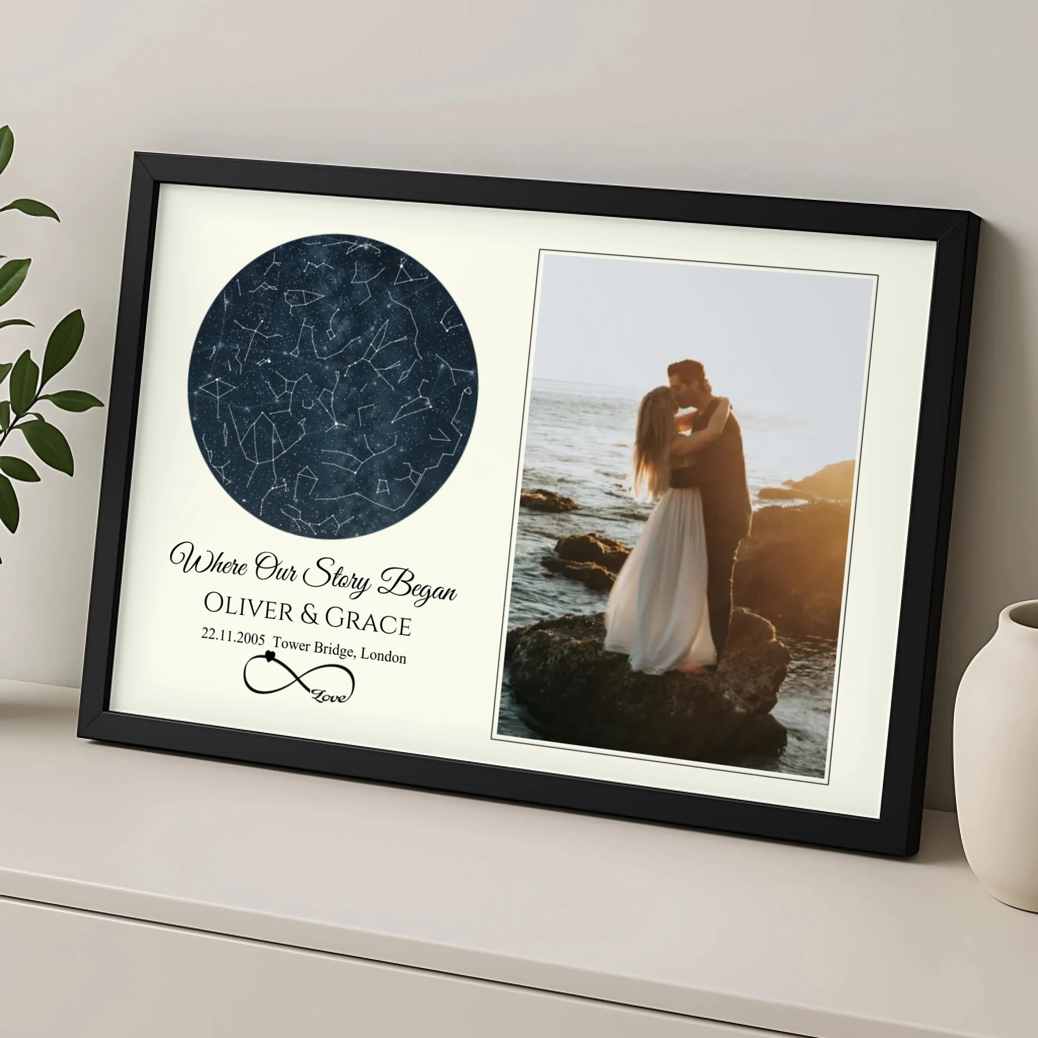 Close-up of a custom star map print showing location coordinates, names and anniversary date