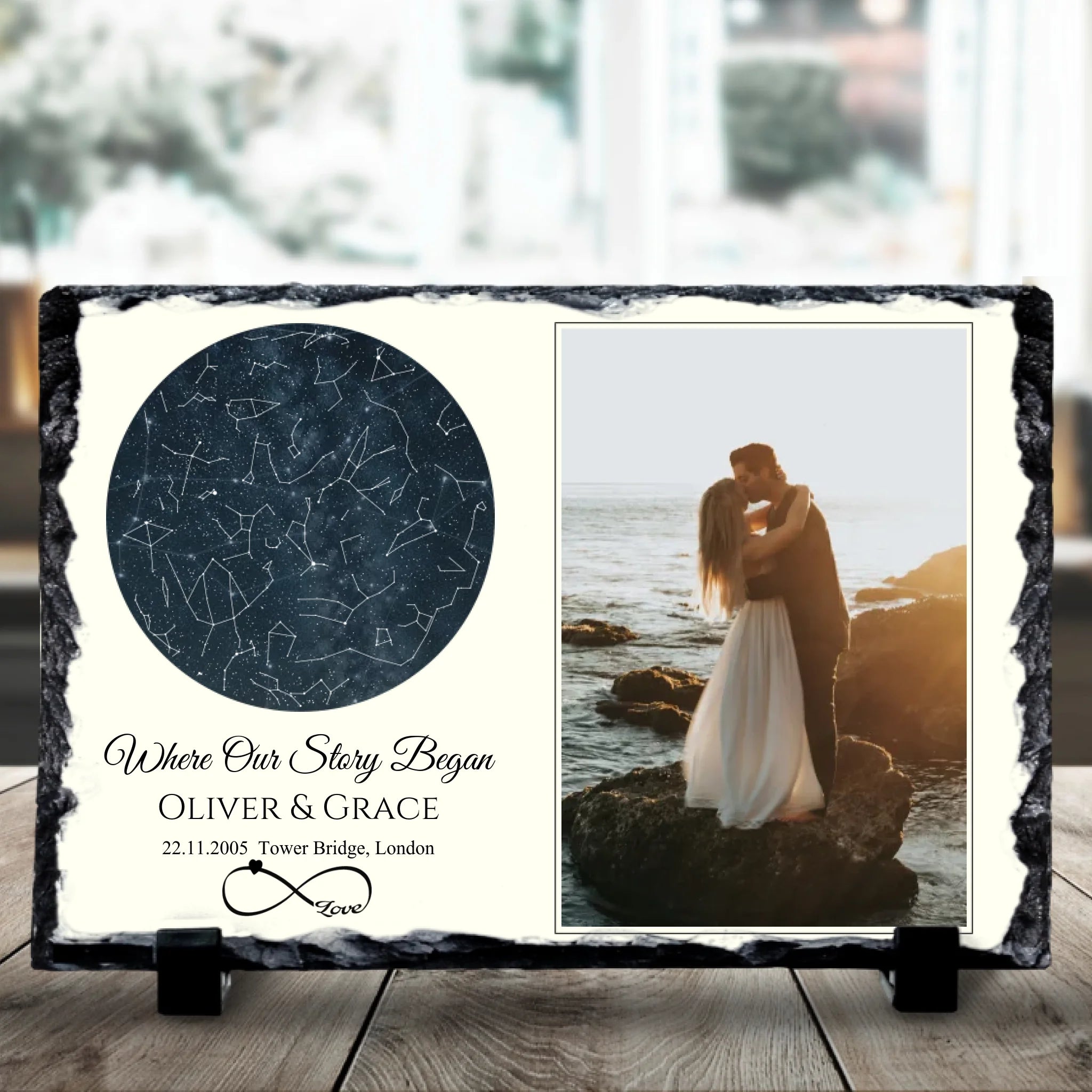 Custom photo slate gift with personalised star map, names and date printed on slate