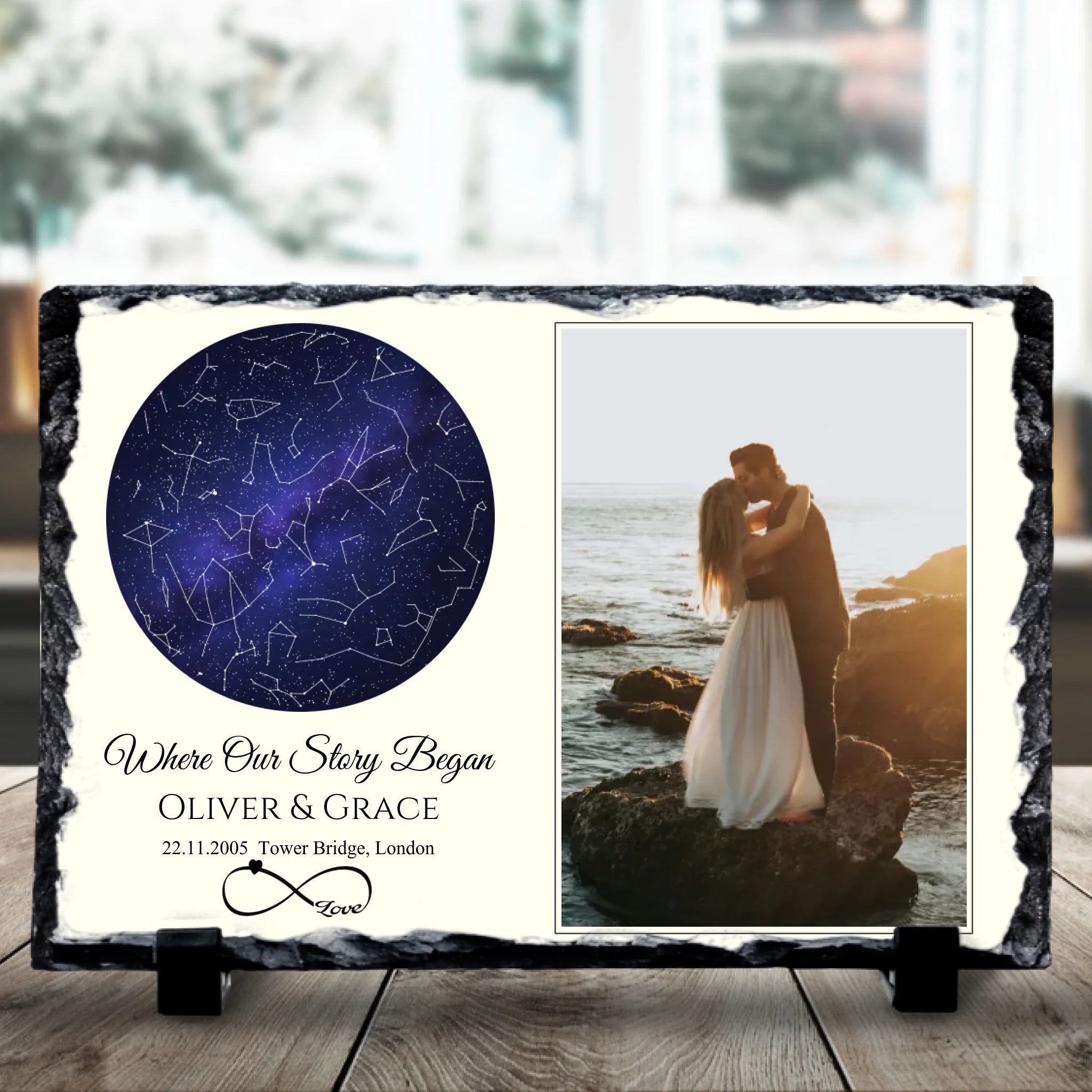 Personalised photo and star map slate with a custom night sky print showing names, date and location