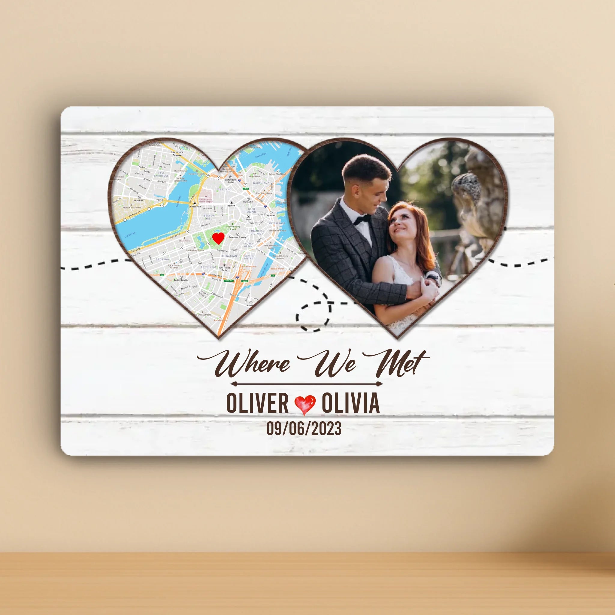 Personalised Map & Photo Aluminium Panel – Where We Met Custom Wall Art with Names & Date – A4/A3 Couples Gift