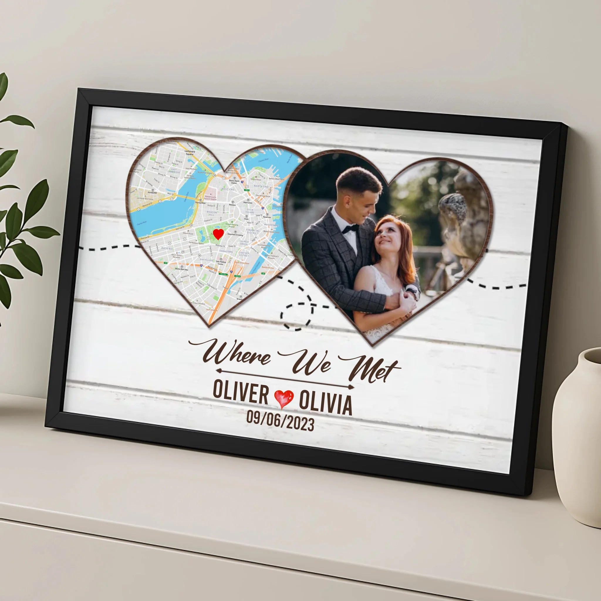 Close-up of personalised map print with custom names and anniversary date