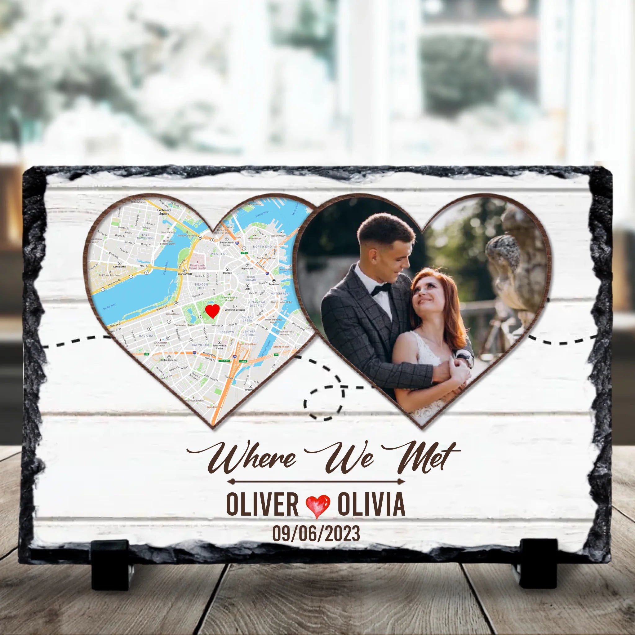 Personalised photo slate showing a custom map with names and date, displayed as anniversary wall art