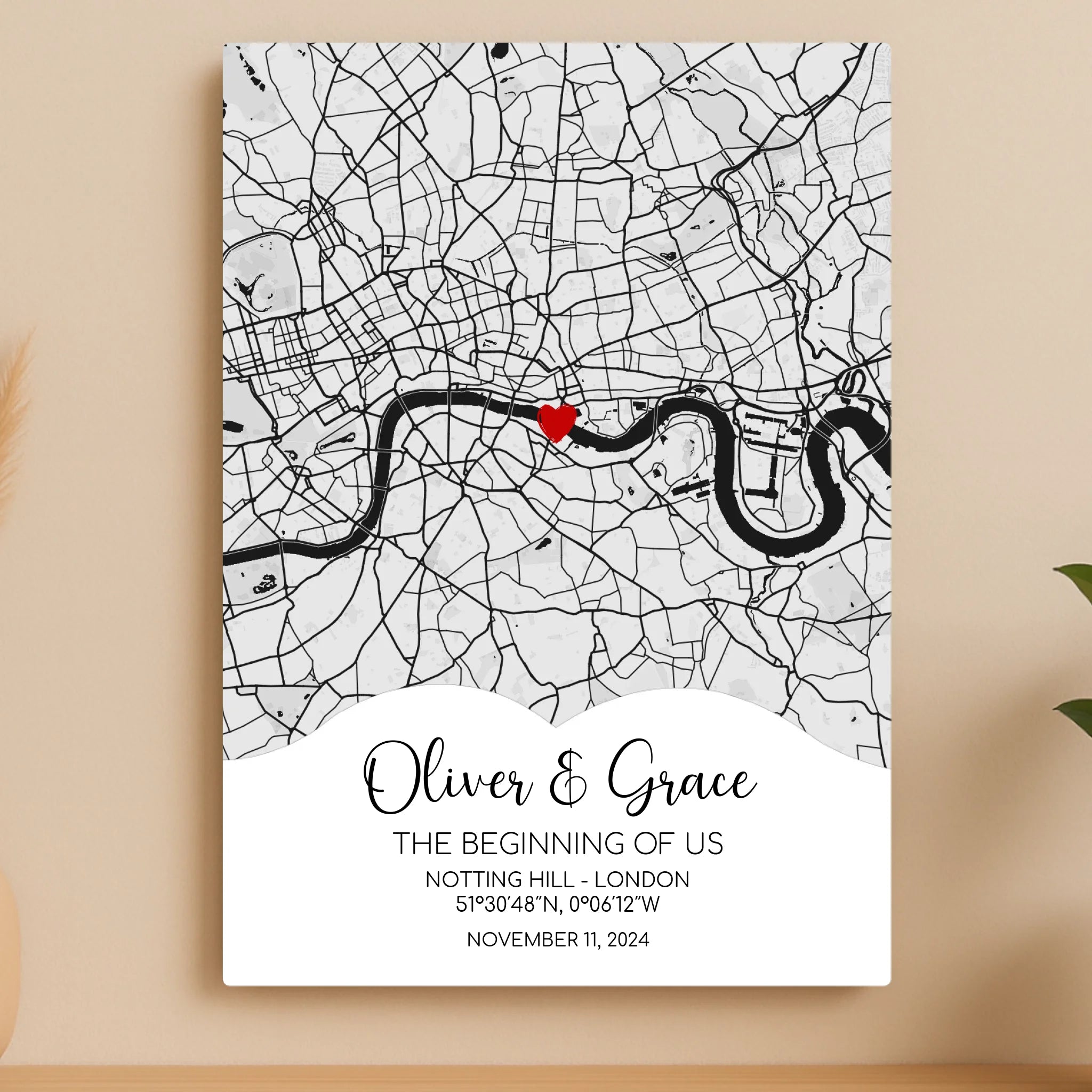 Personalised Map Aluminium Panel – Custom Location Wall Art with Names & Date – A4/A3 Metal Anniversary Gift