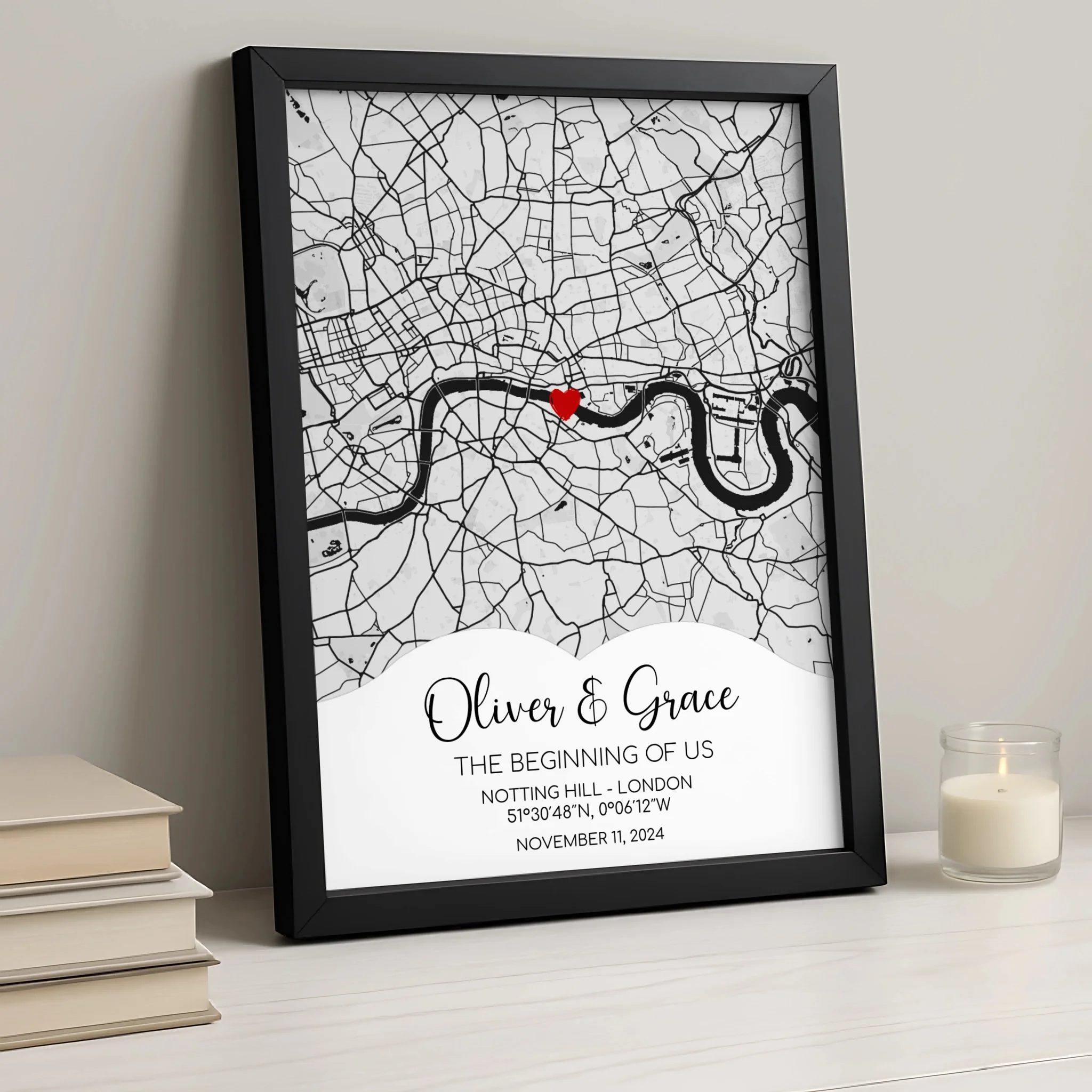 Personalised anniversary map print displayed on a wall in a home setting