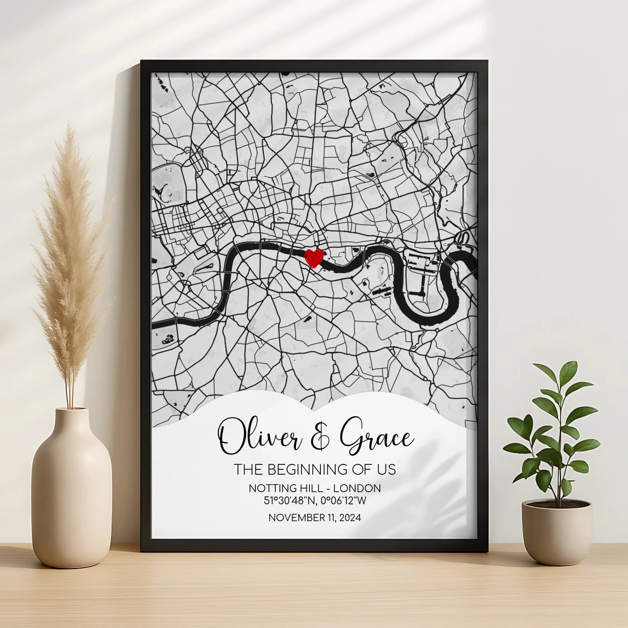 Close-up of a personalised map print showing custom names and wedding date