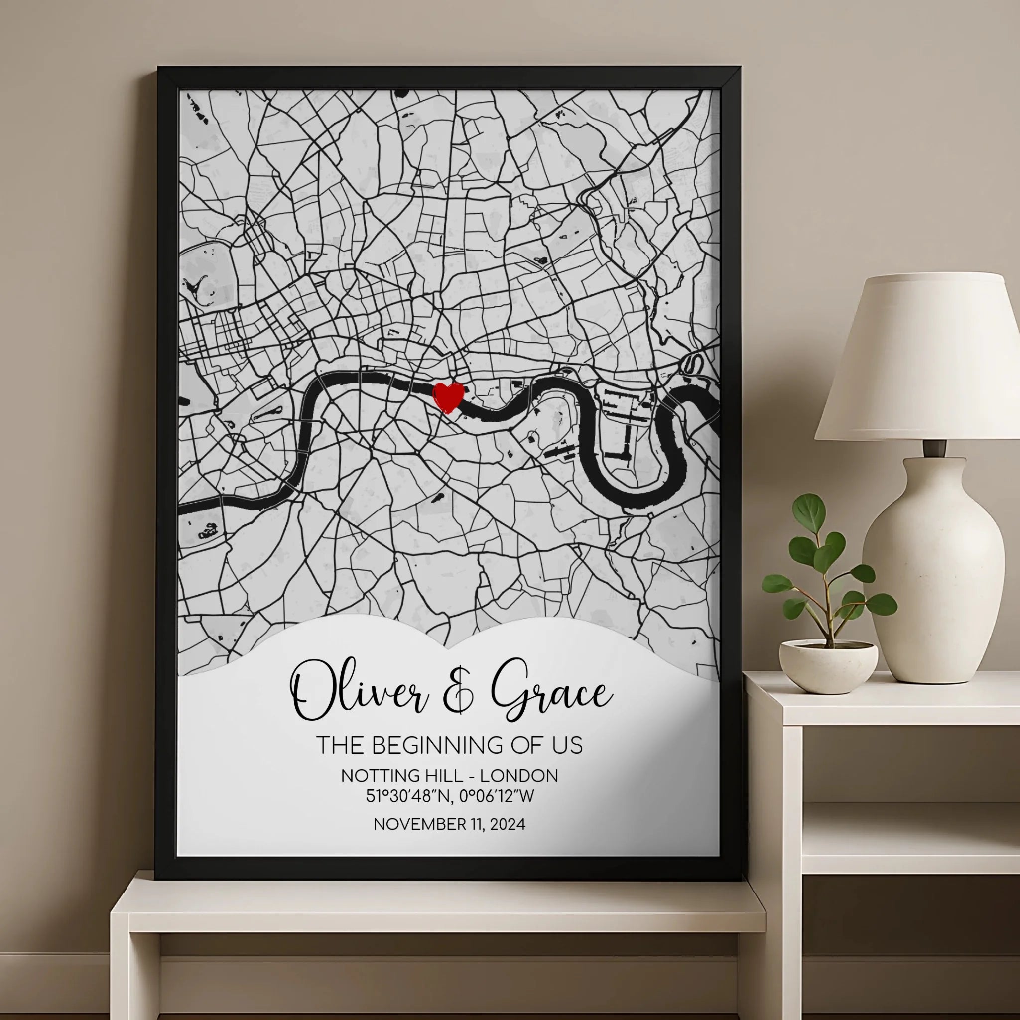 A3 personalised map print with custom location, names and date in a white frame