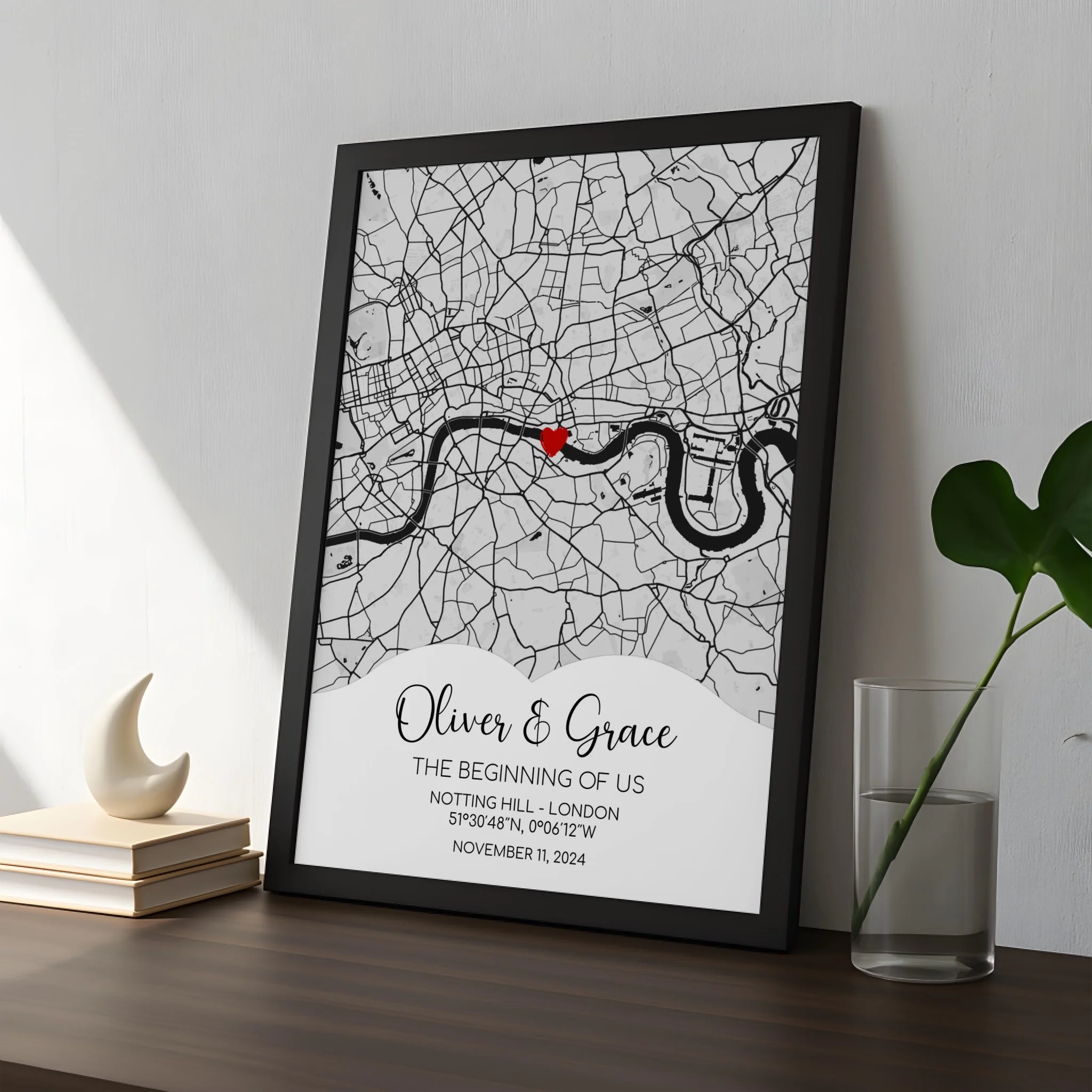 Personalised map location print shown as a wall art gift idea