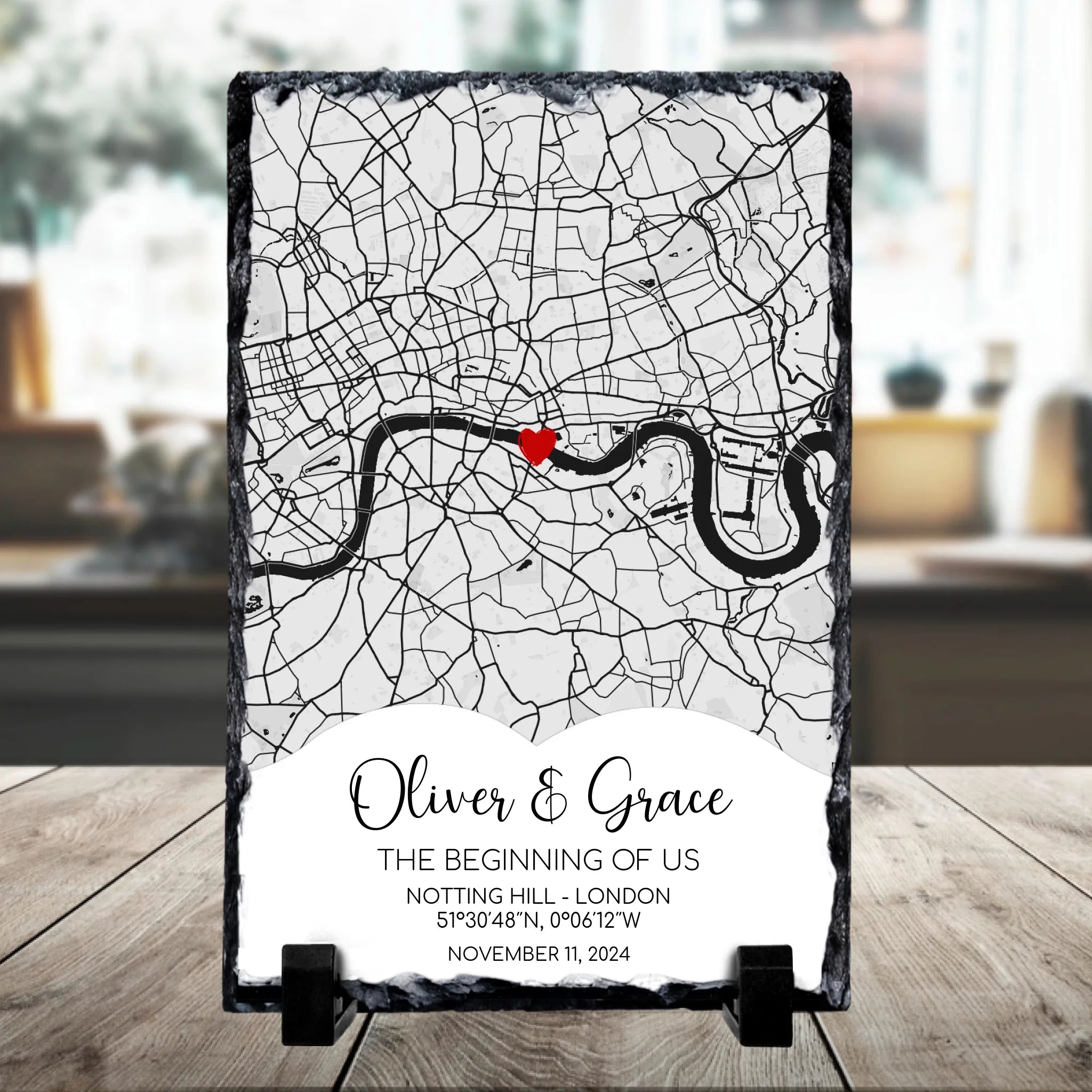 Personalised photo slate showing a custom map location with names and date printed on rectangular slate