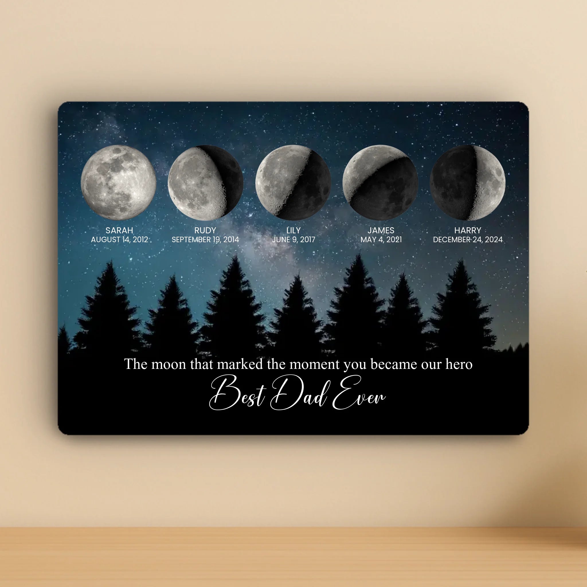 Personalised Moon Phase Aluminium Panel – Custom Night Sky for 2–5 Children – A4/A3 Metal Gift for Mum or Dad