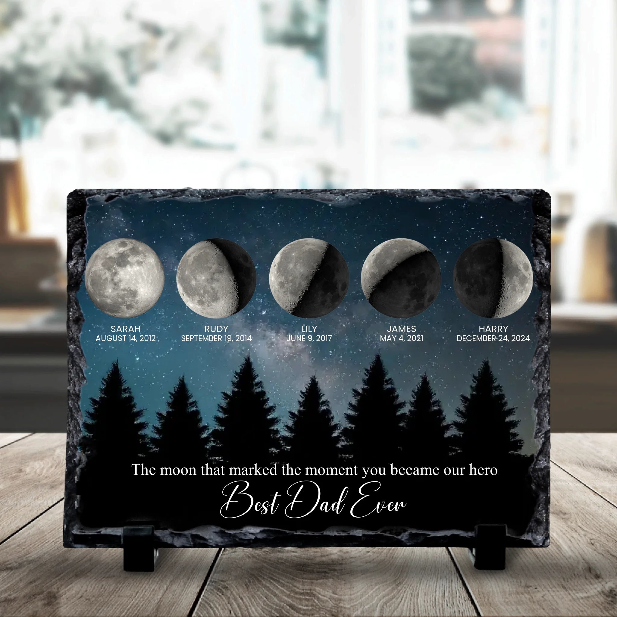 Rectangular personalised photo slate gift for mum or dad with custom moon phase and children's names