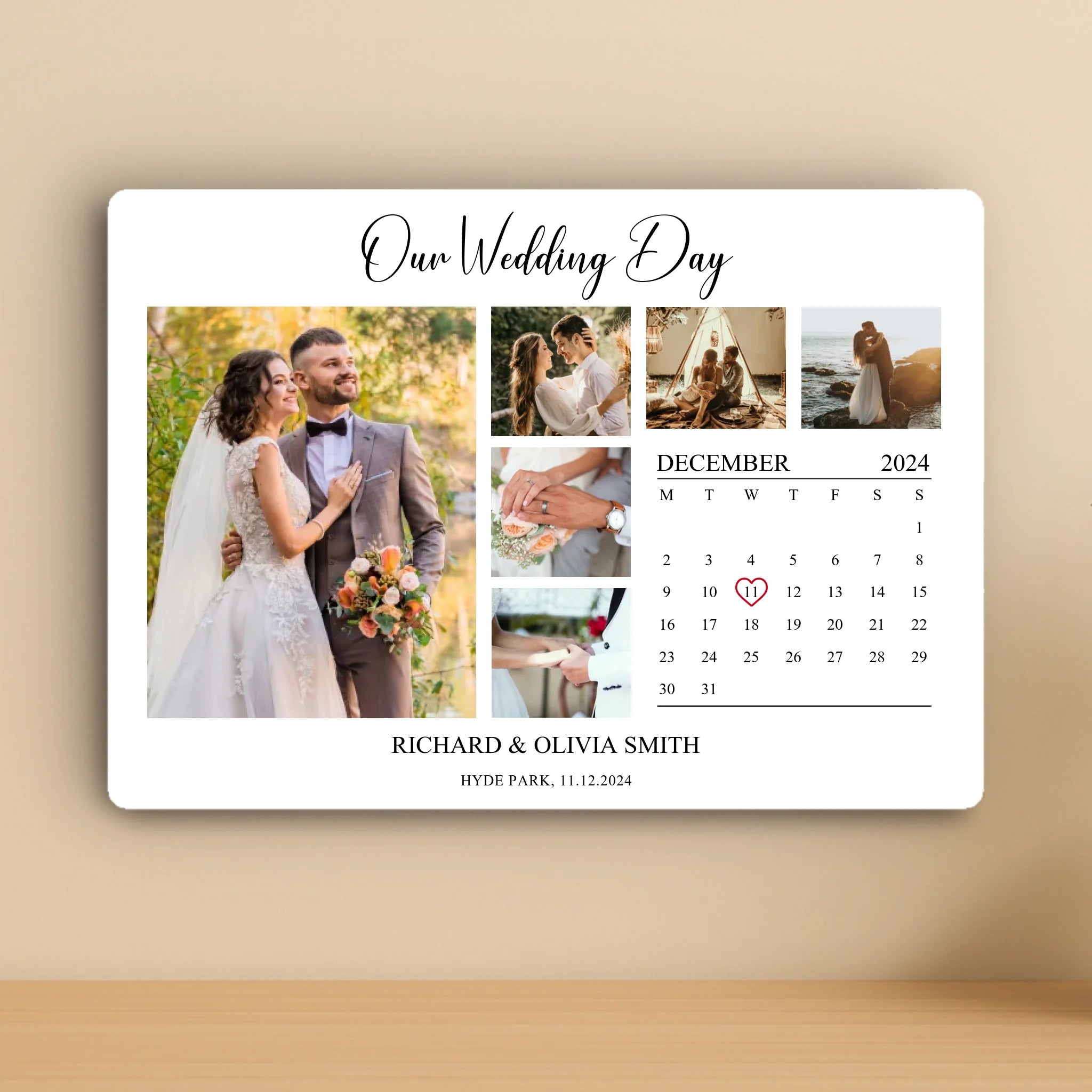 Personalised Photo Collage & Calendar Aluminium Panel – Custom Date Wall Art with Photos & Names – A4/A3 Metal Gift