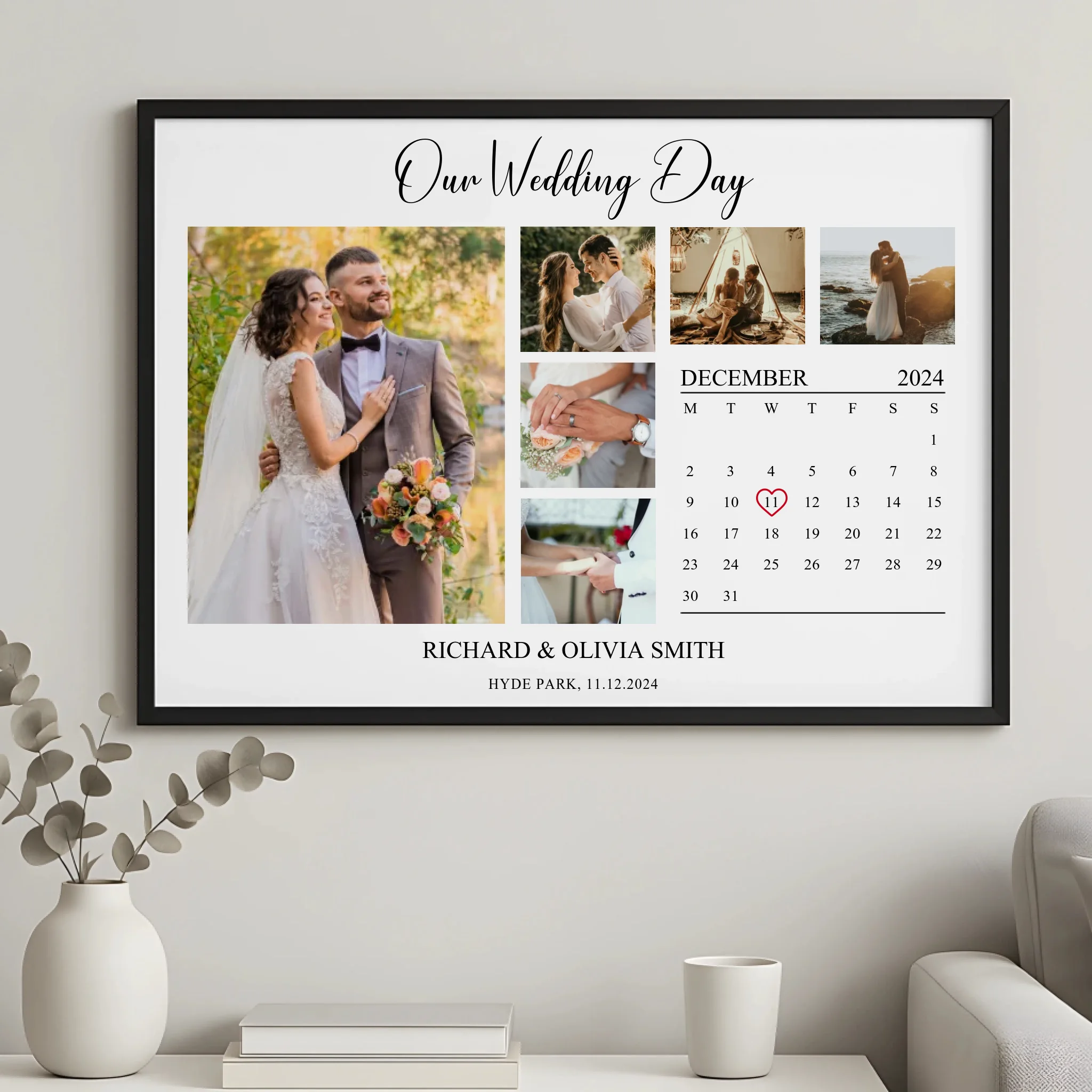 Custom photo collage wall art with eight photos and personalised names and date