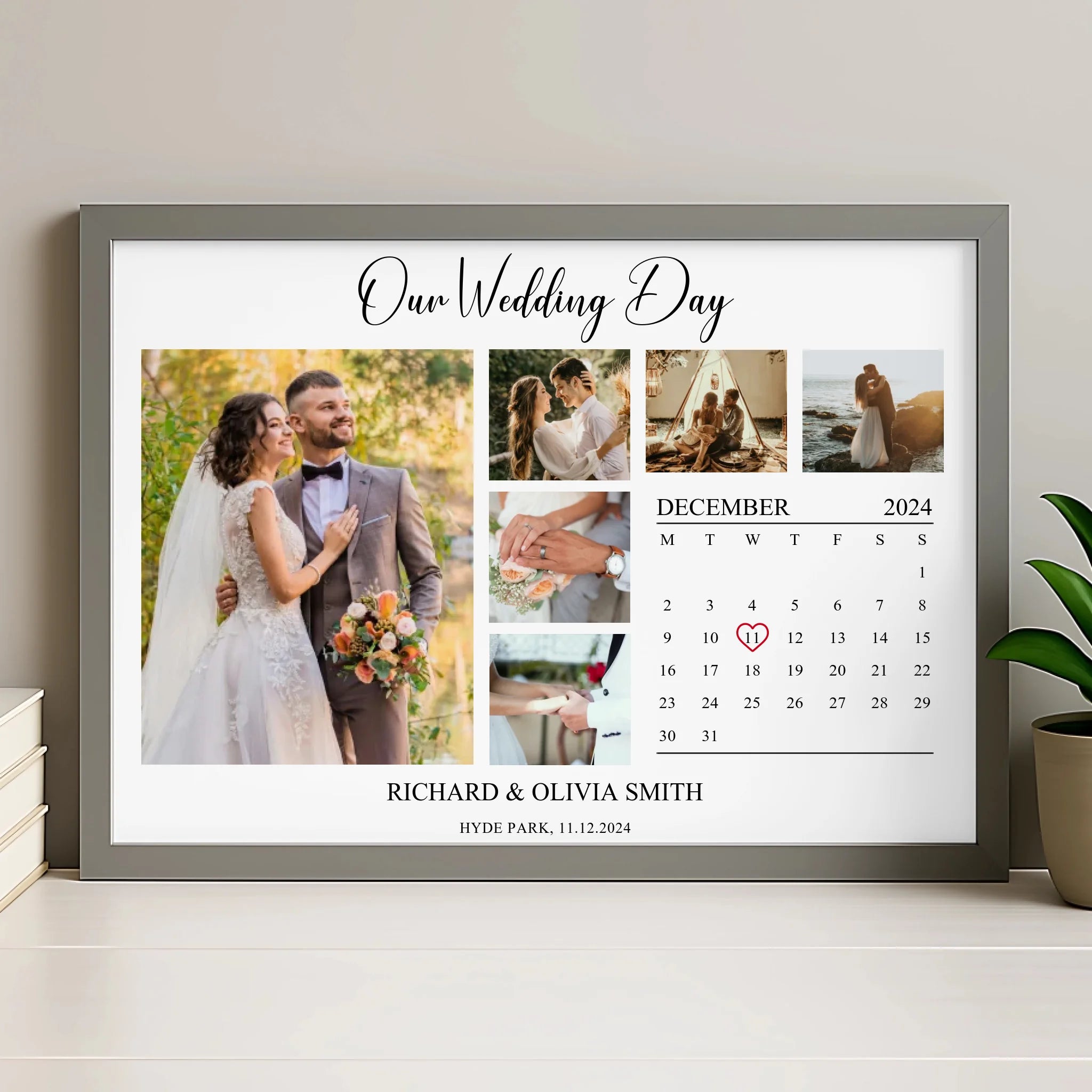 Personalised photo frame print in grey frame with custom names and date