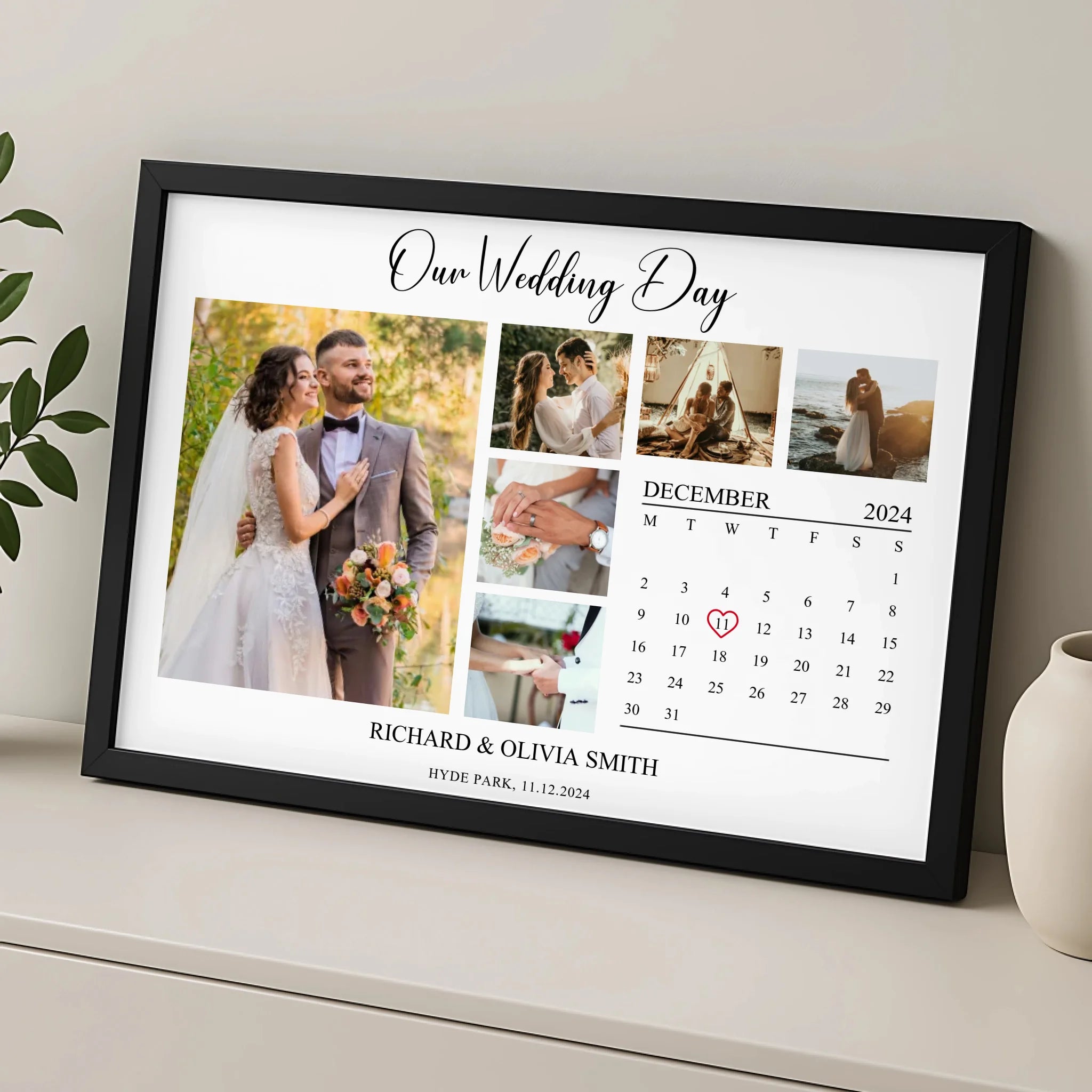 Custom photo collage print with four images and personalised names displayed on a wall