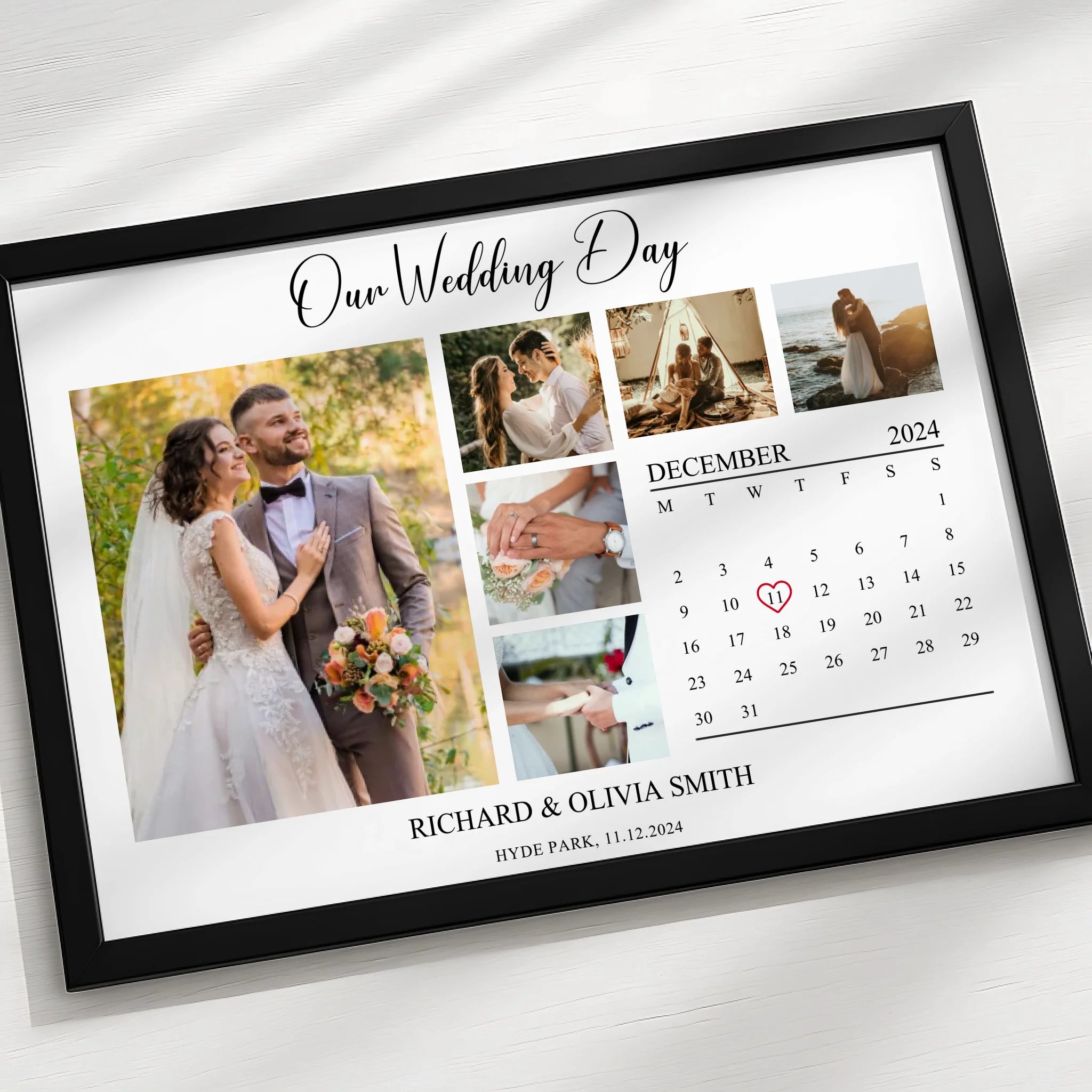 Personalised photo calendar print with seven photos and custom date in a light wood frame