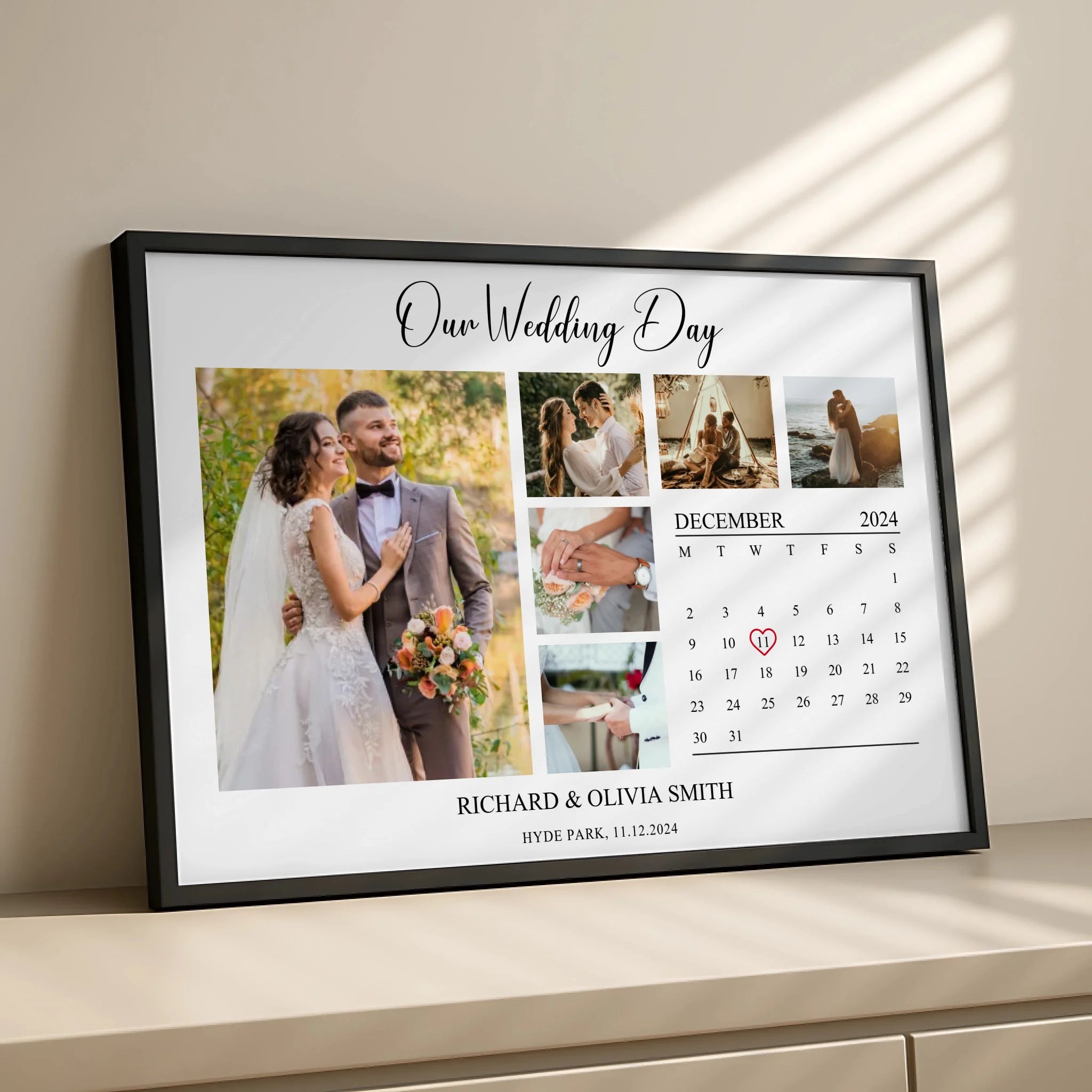 Personalised wall art print with six photos and a custom date in a black frame