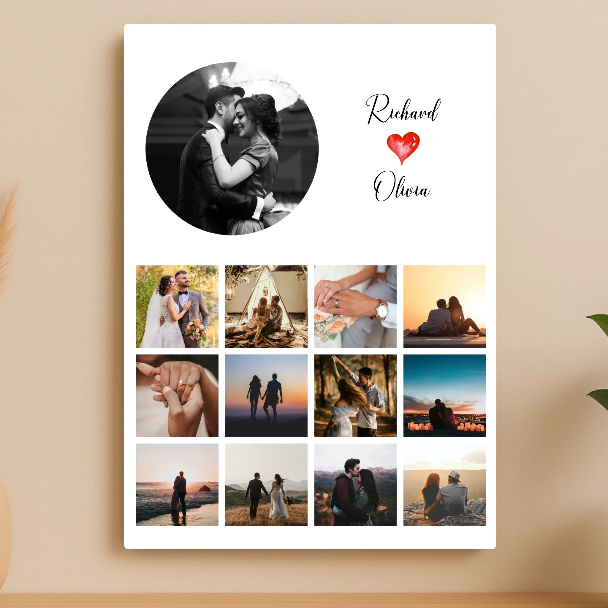 Personalised Photo Collage Aluminium Panel – 13 Photo Custom Wall Art with Names & Text – A4/A3 Metal Gift