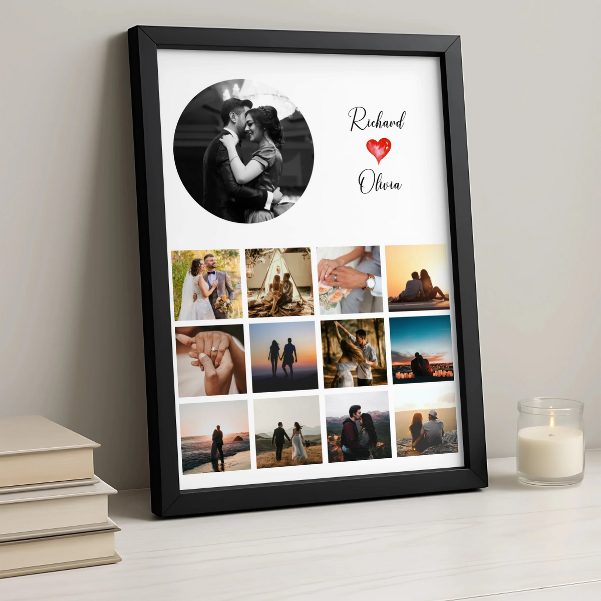 Personalised Photo Collage Print – 13 Photo Custom Wall Art with Names & Text – A4/A3 Framed Gift for Couples or Family