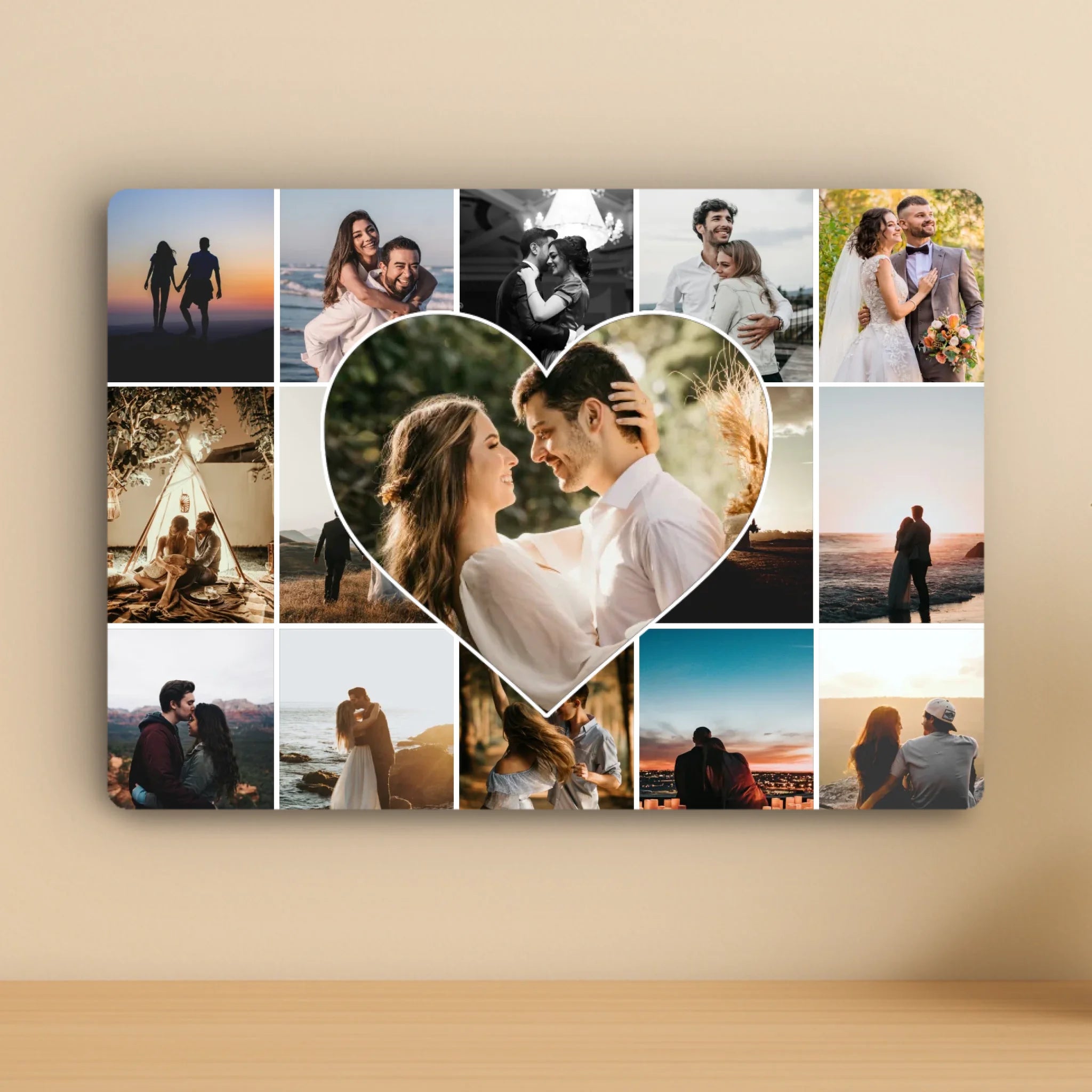 Personalised Heart Photo Collage Aluminium Panel – Custom 15 Photo Wall Art – A4/A3 Metal Gift for Couples or Family