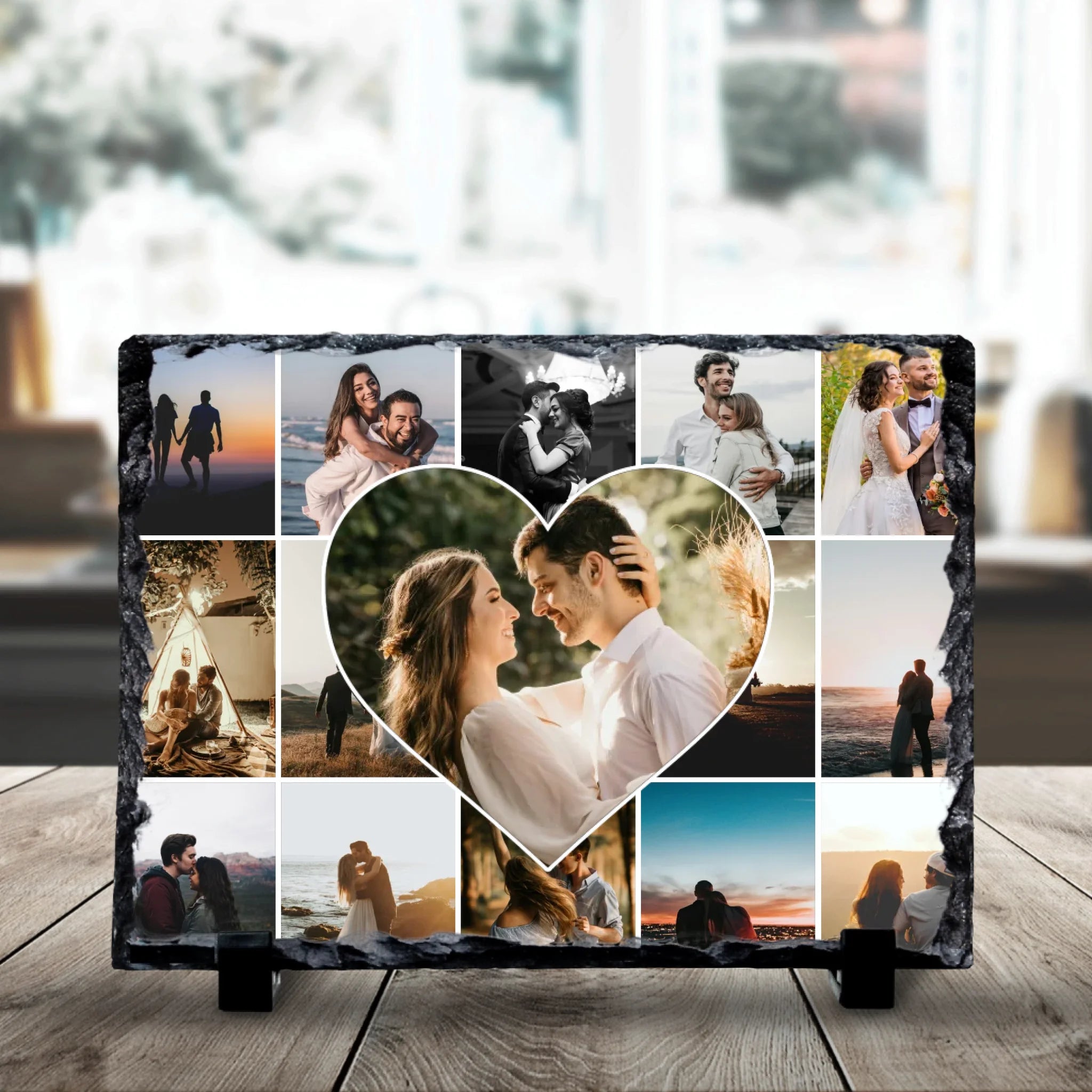 19x14cm rectangular personalised photo slate with heart collage layout showing multiple photos