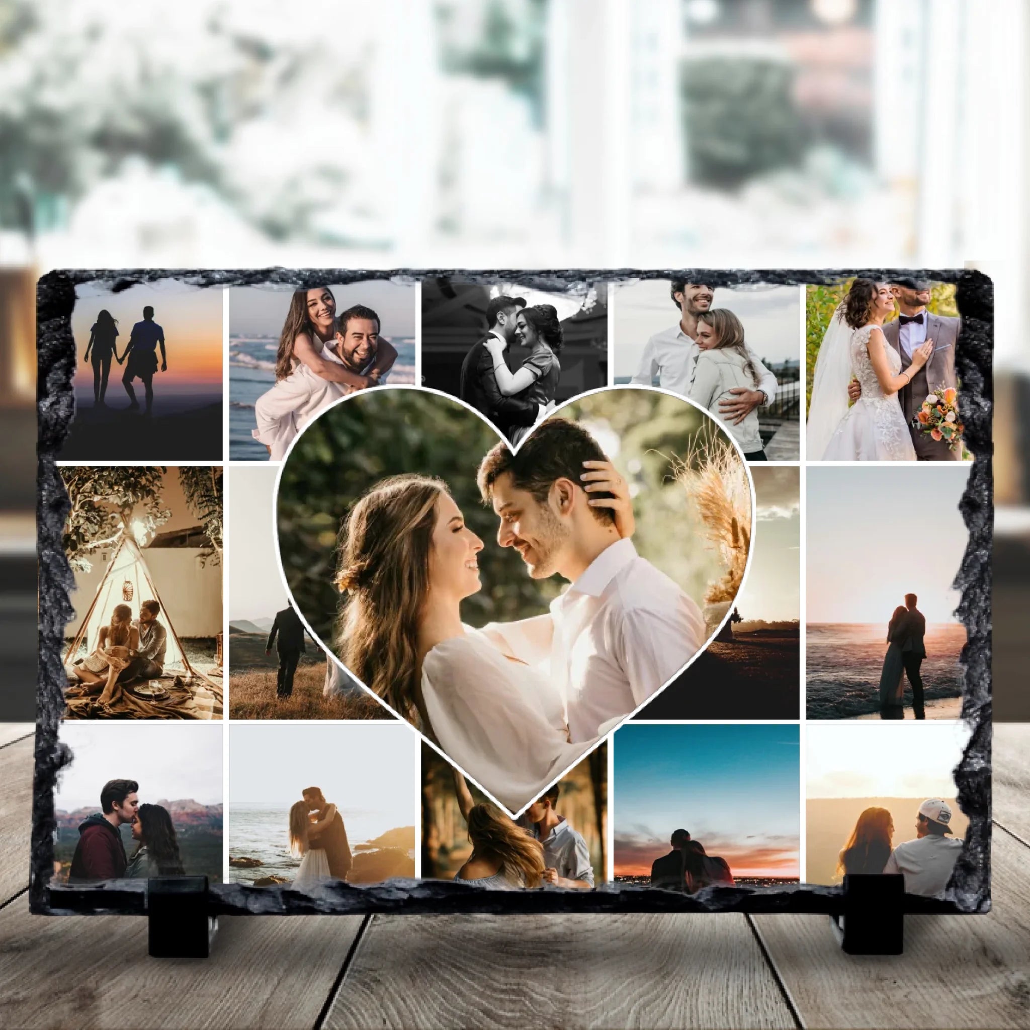 Personalised heart photo collage slate featuring 15 custom photos on a rectangular slate