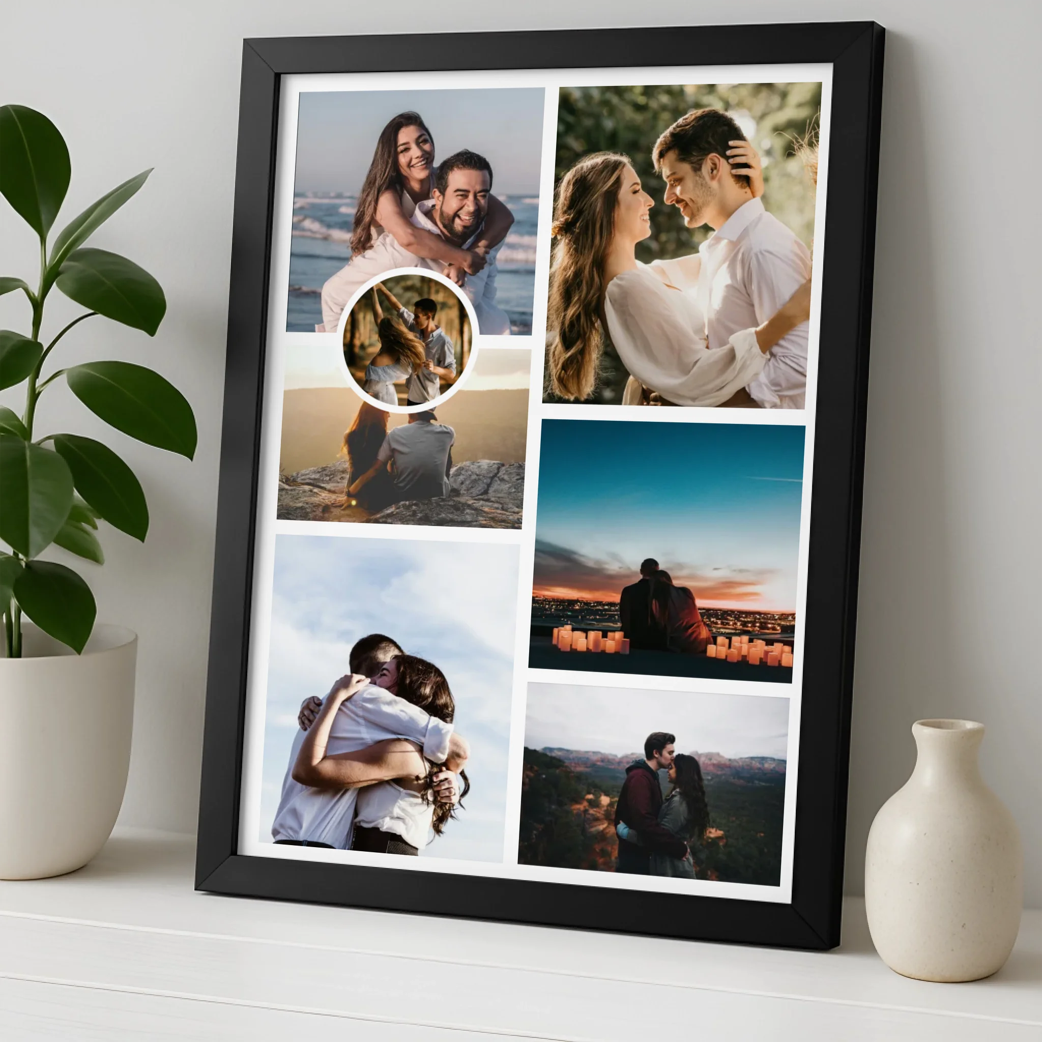 Custom multi-photo collage frame showing 7 photos arranged around a larger central image