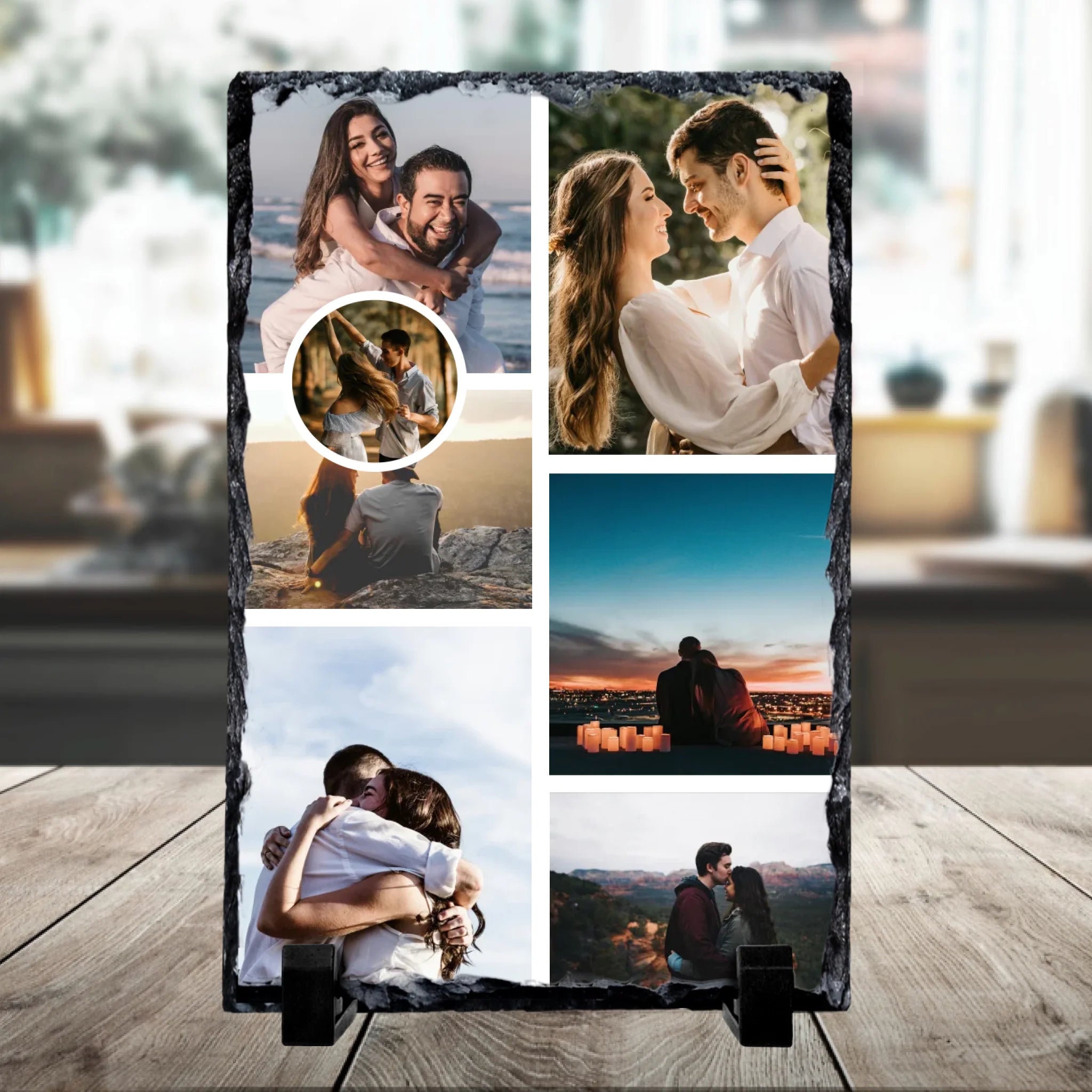 Personalised 7 photo collage slate with central feature image, shown as a rectangular custom photo slate gift