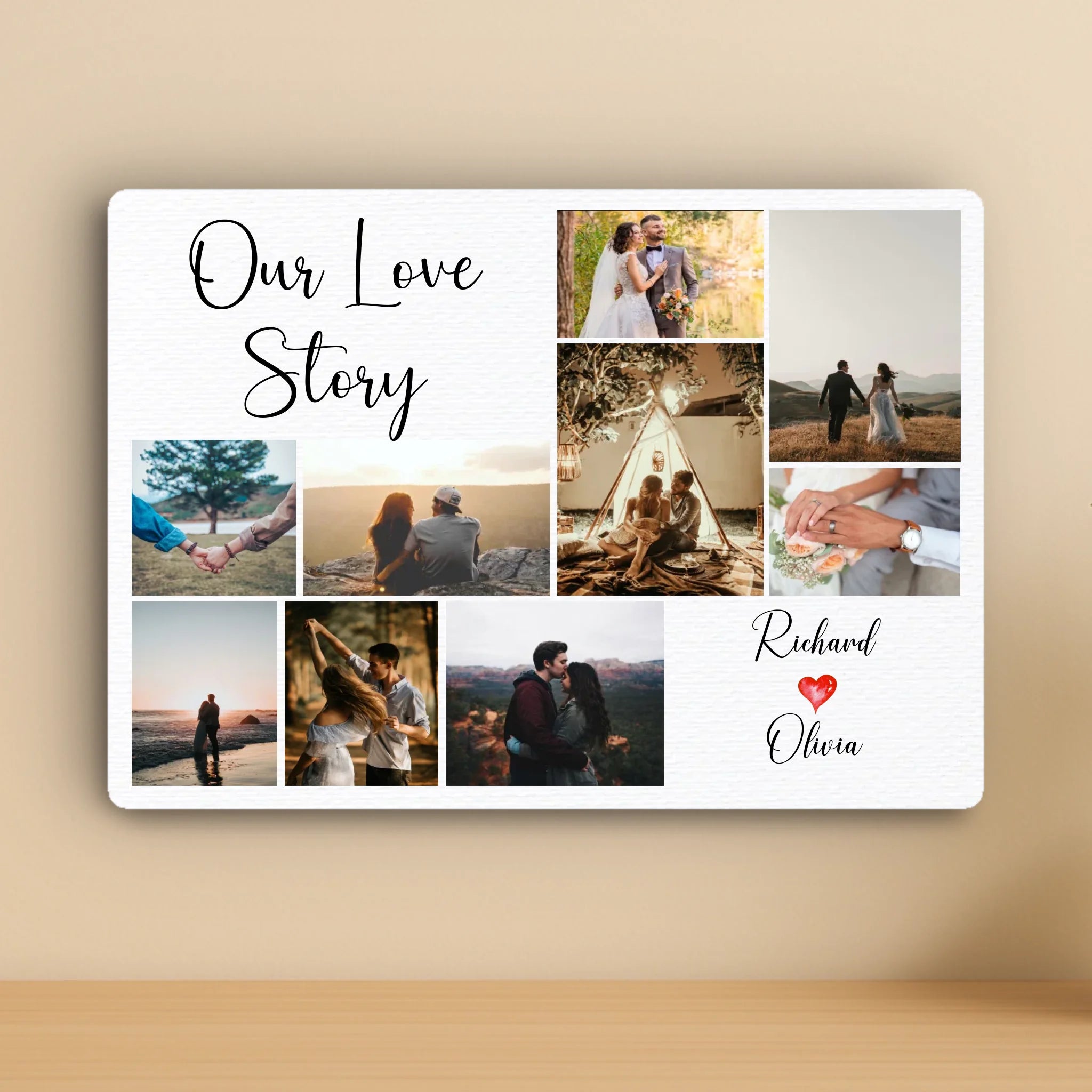 Personalised 9 Photo Collage Aluminium Panel – Custom “Our Love Story” Metal Print – A5/A4/A3 Couple Gift