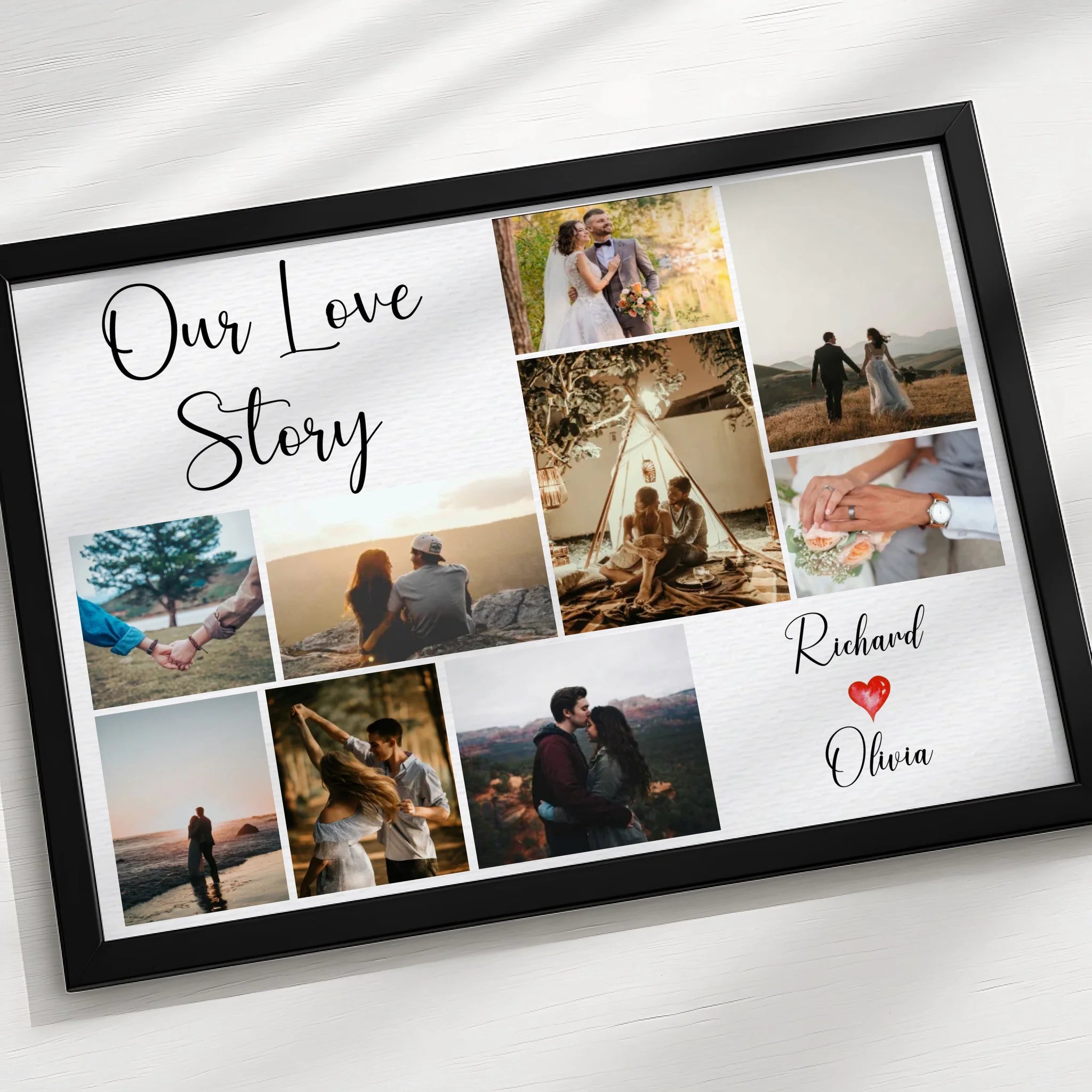 Framed personalised 9 photo collage print hung on a wall