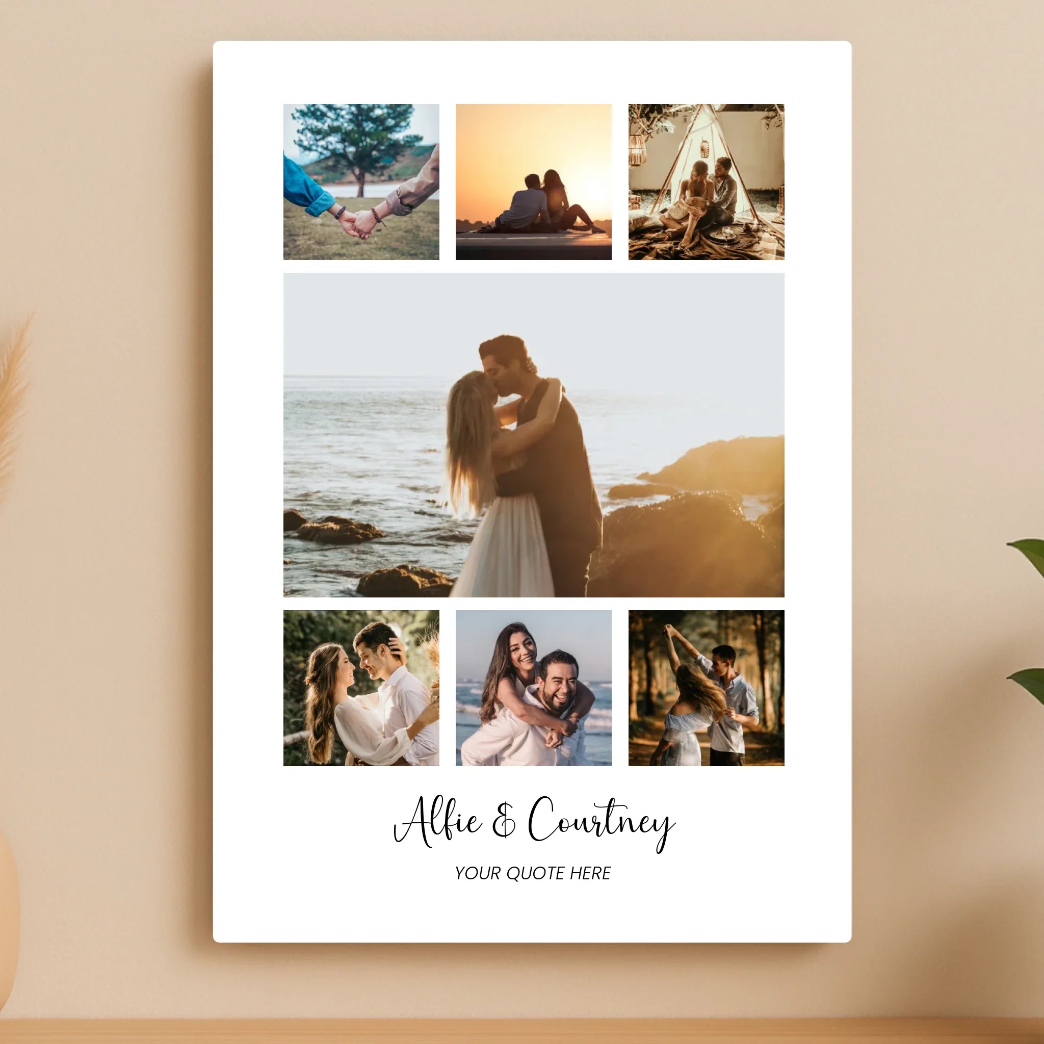 Personalised 7 Photo Collage Aluminium Panel – Custom Names & Quote Metal Print – A5/A4/A3 Couple Gift