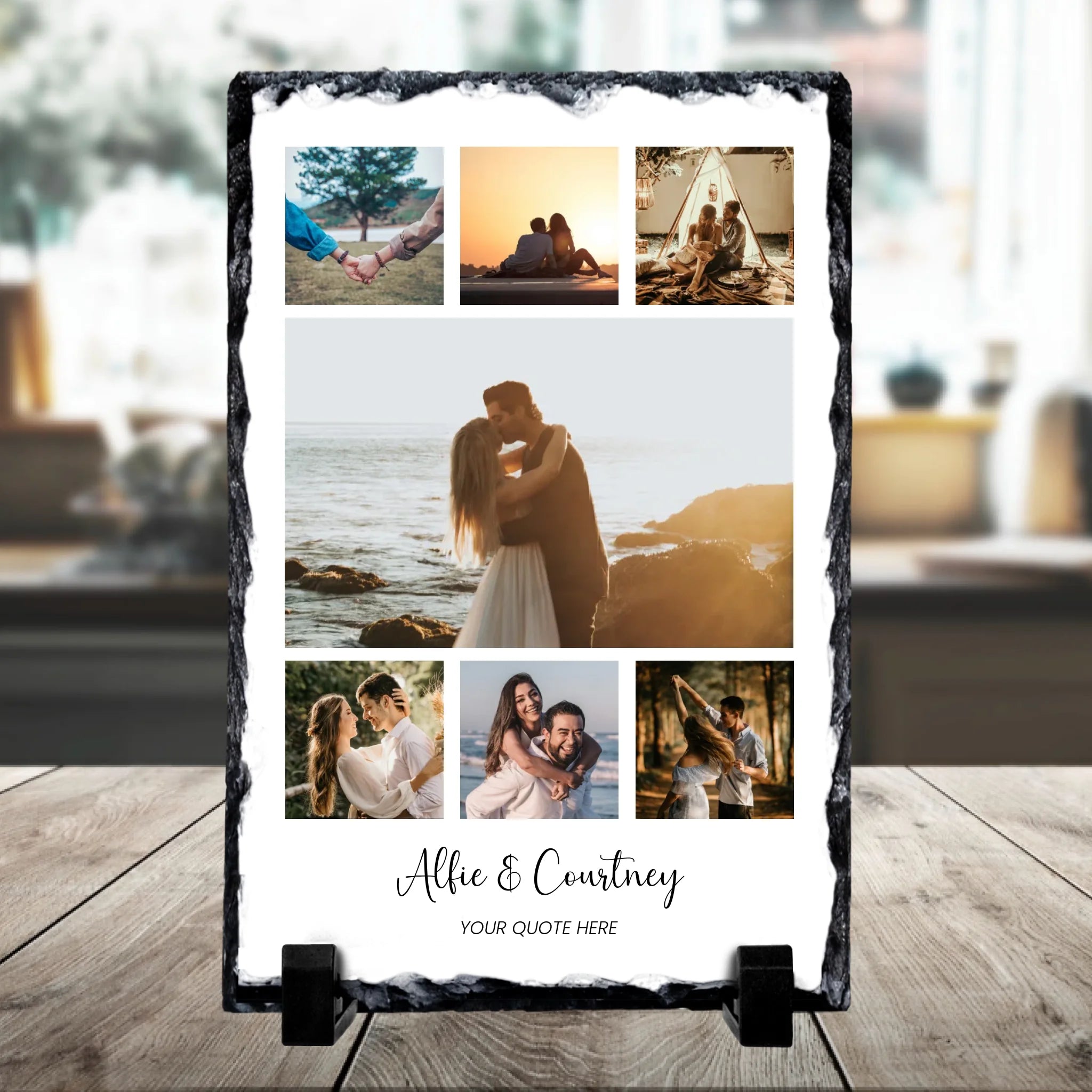 Personalised photo slate showing a 7 photo collage with couple names and a custom quote