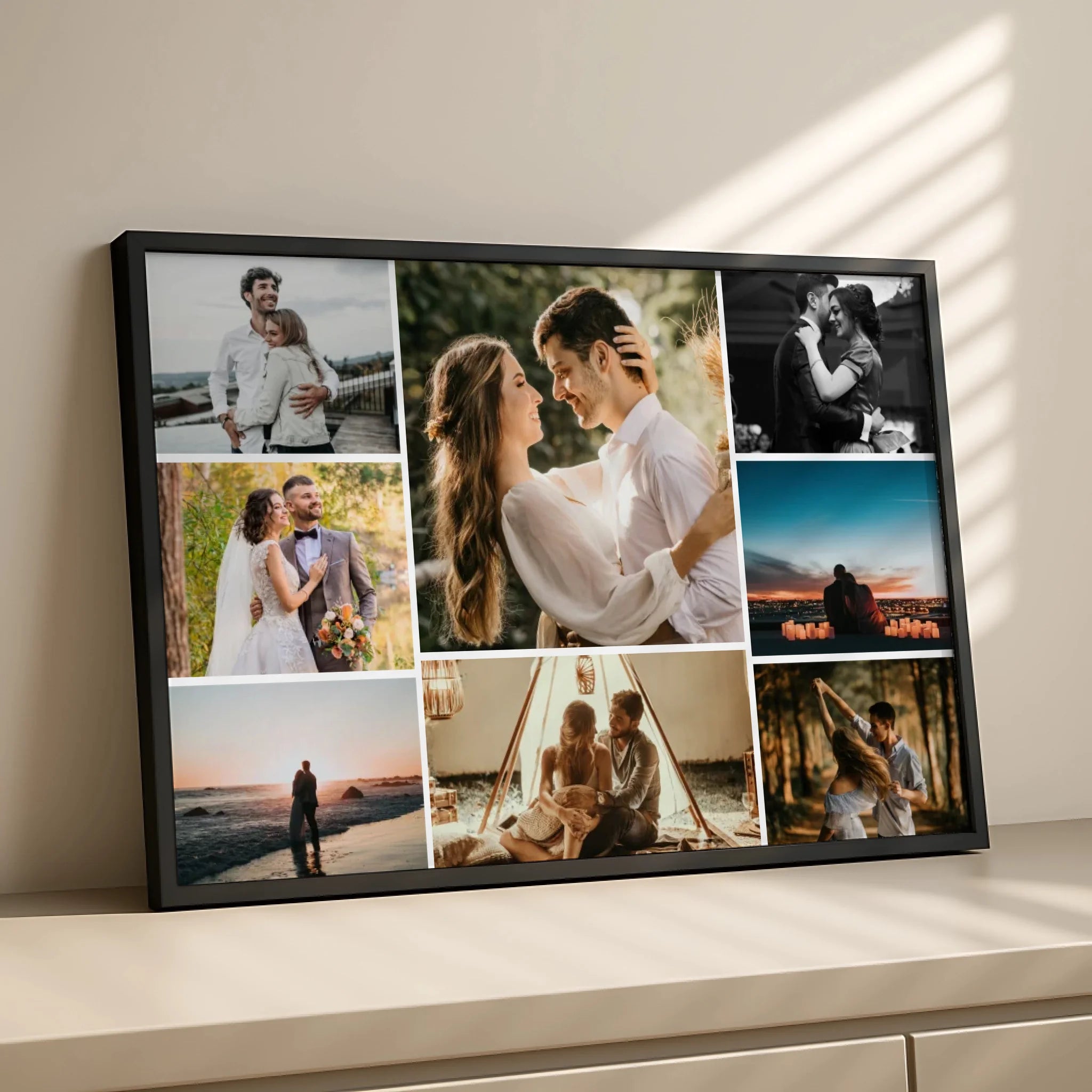 Personalised photo collage print with 8 photos arranged in a grid, framed in A3