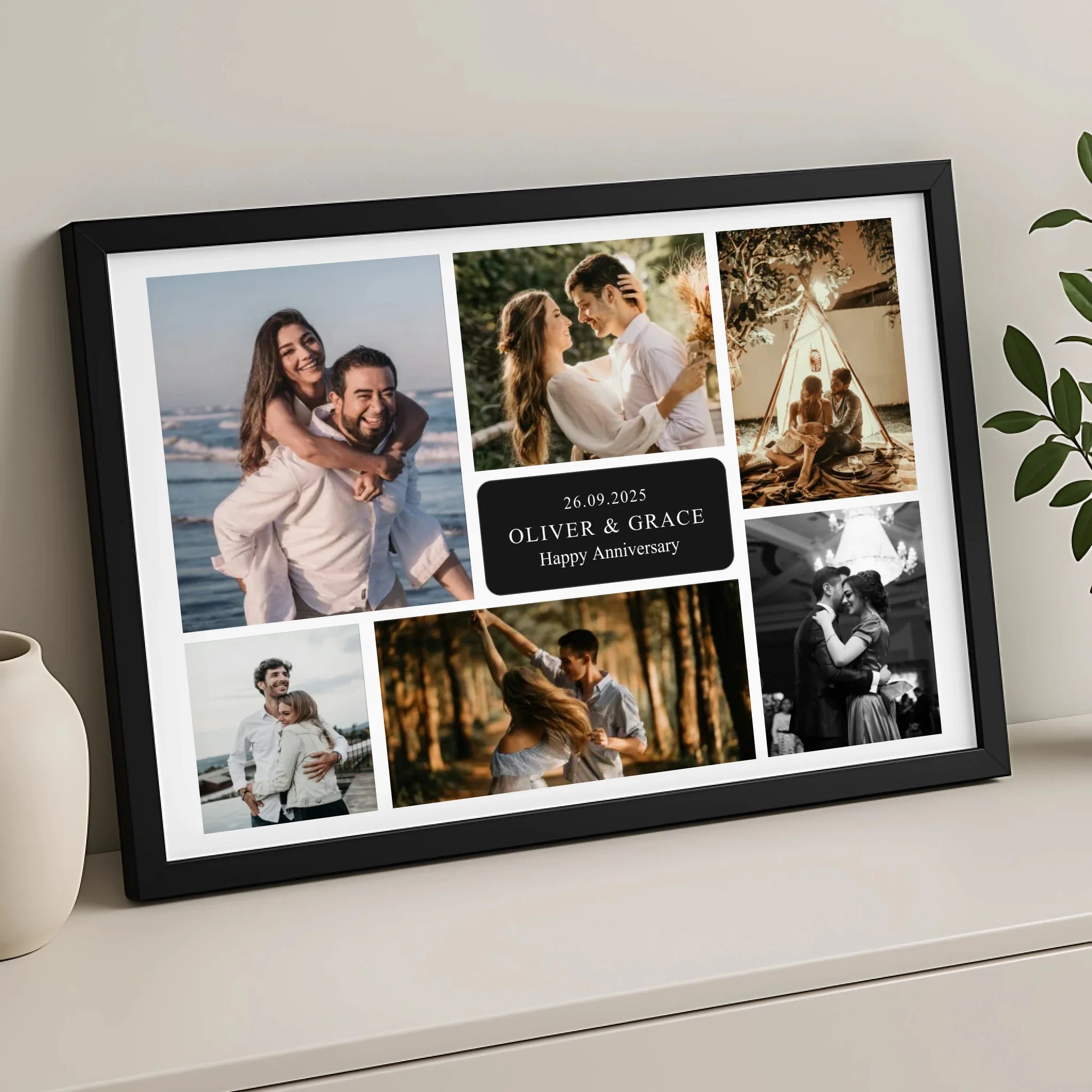 Close-up of personalised 7 photo collage print showing custom text layout and photo arrangement