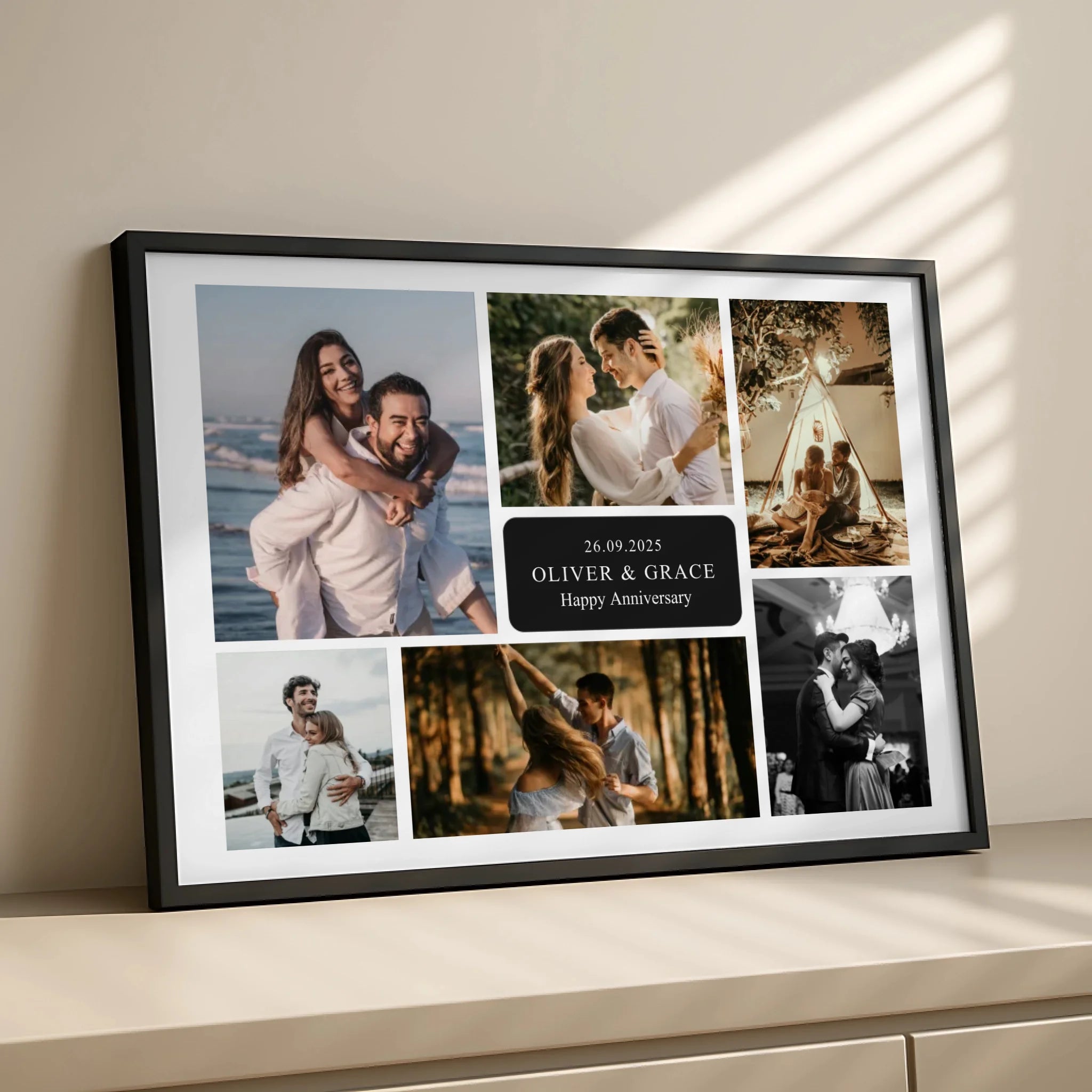 Personalised photo collage print with seven photos and a custom message, shown as a framed gift