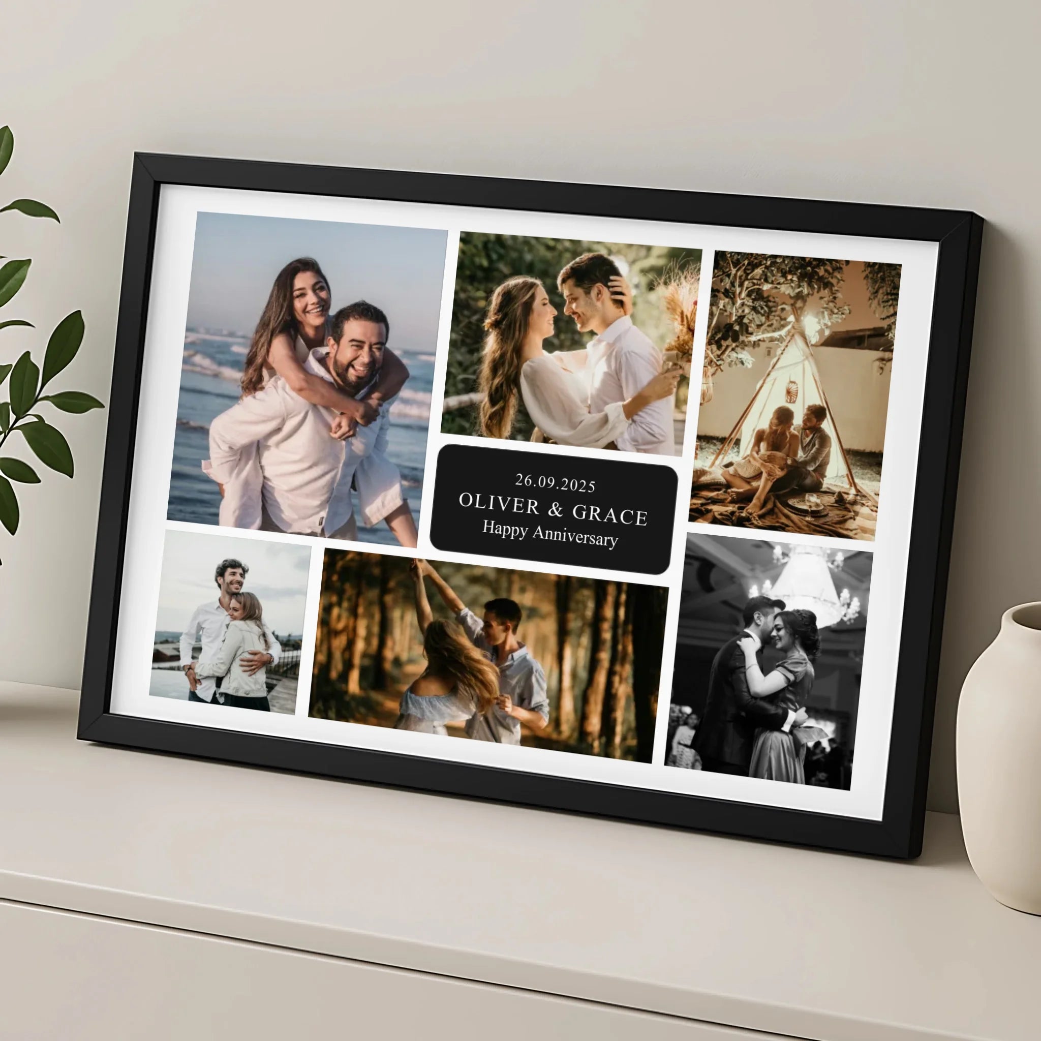 Personalised 7 photo frame gift showing name and date personalisation with photo grid layout