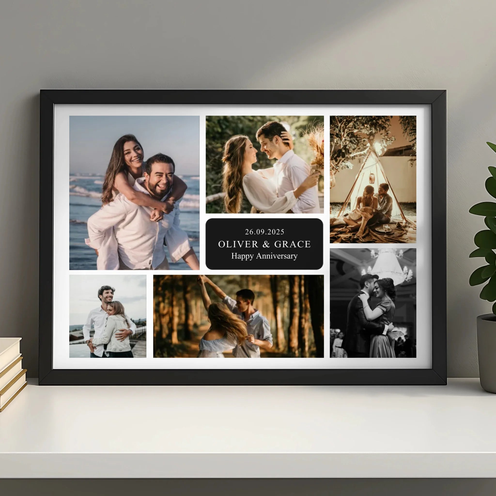 Custom photo collage frame with 7 photos, personalised name and message for couples or families