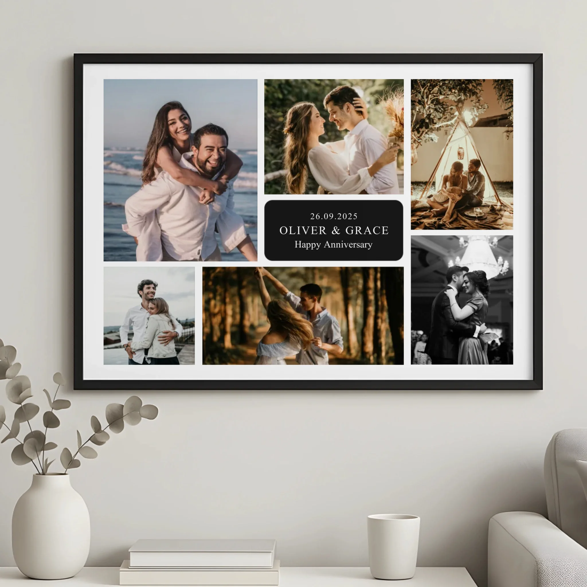 7 photo personalised collage print with name and message, available in A4 and A3 framed options