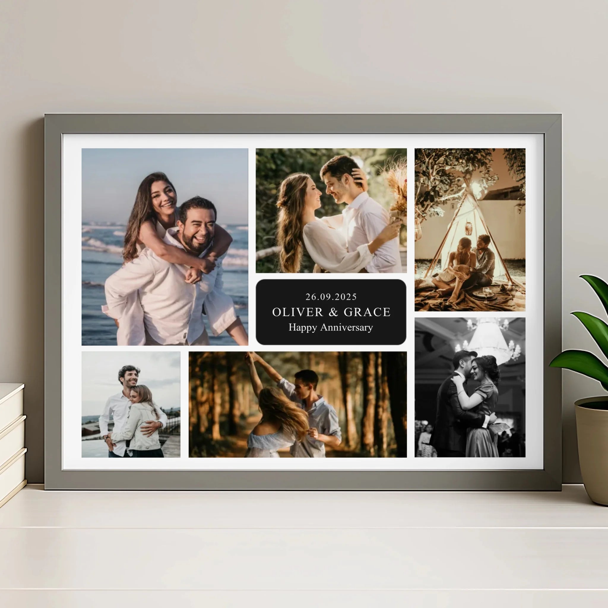Personalised 7 photo collage print in a grey frame with custom name, date and message