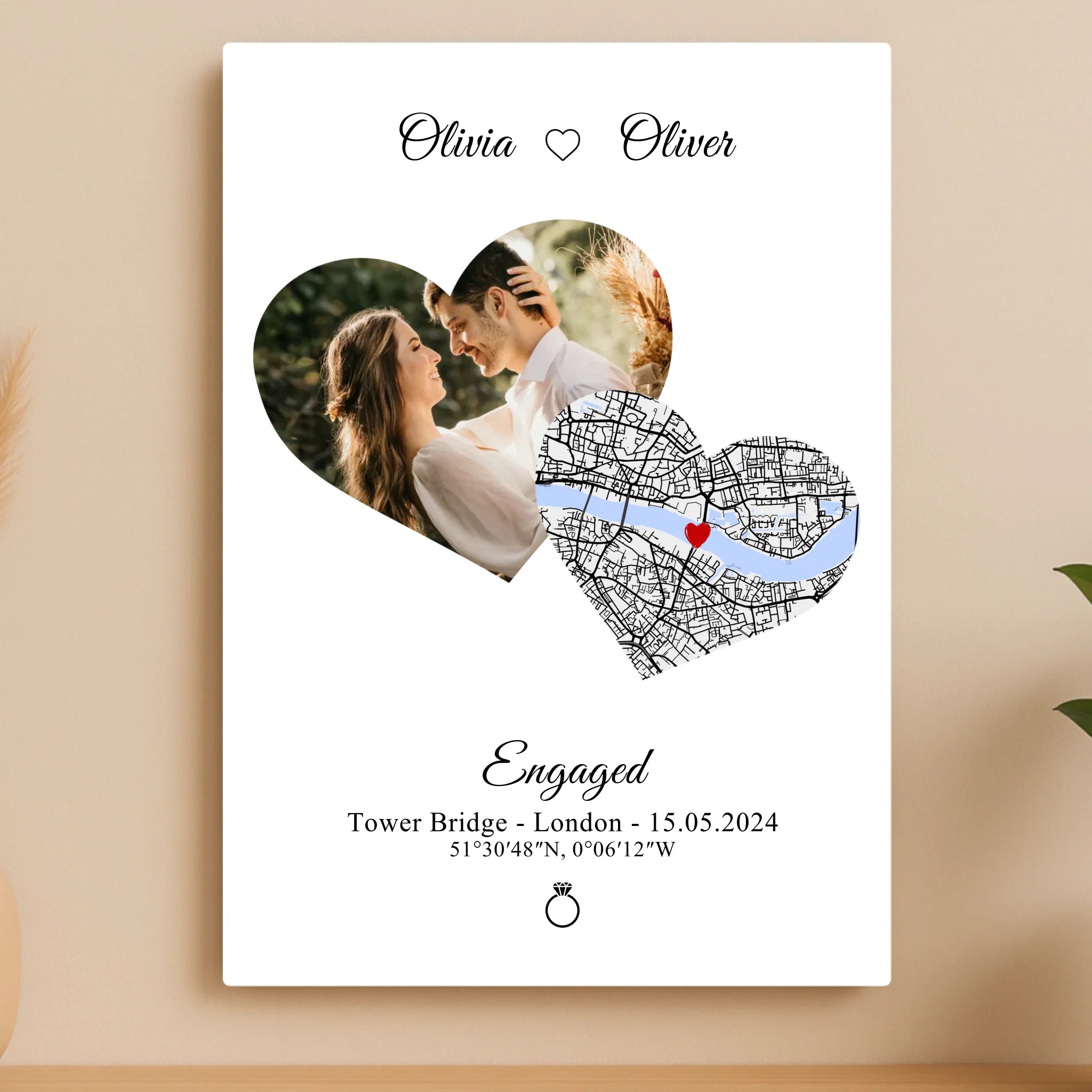 Personalised Photo & Map Heart Aluminium Panel – Custom Couple Names, Date & Location Gift – A5/A4/A3 Metal Print