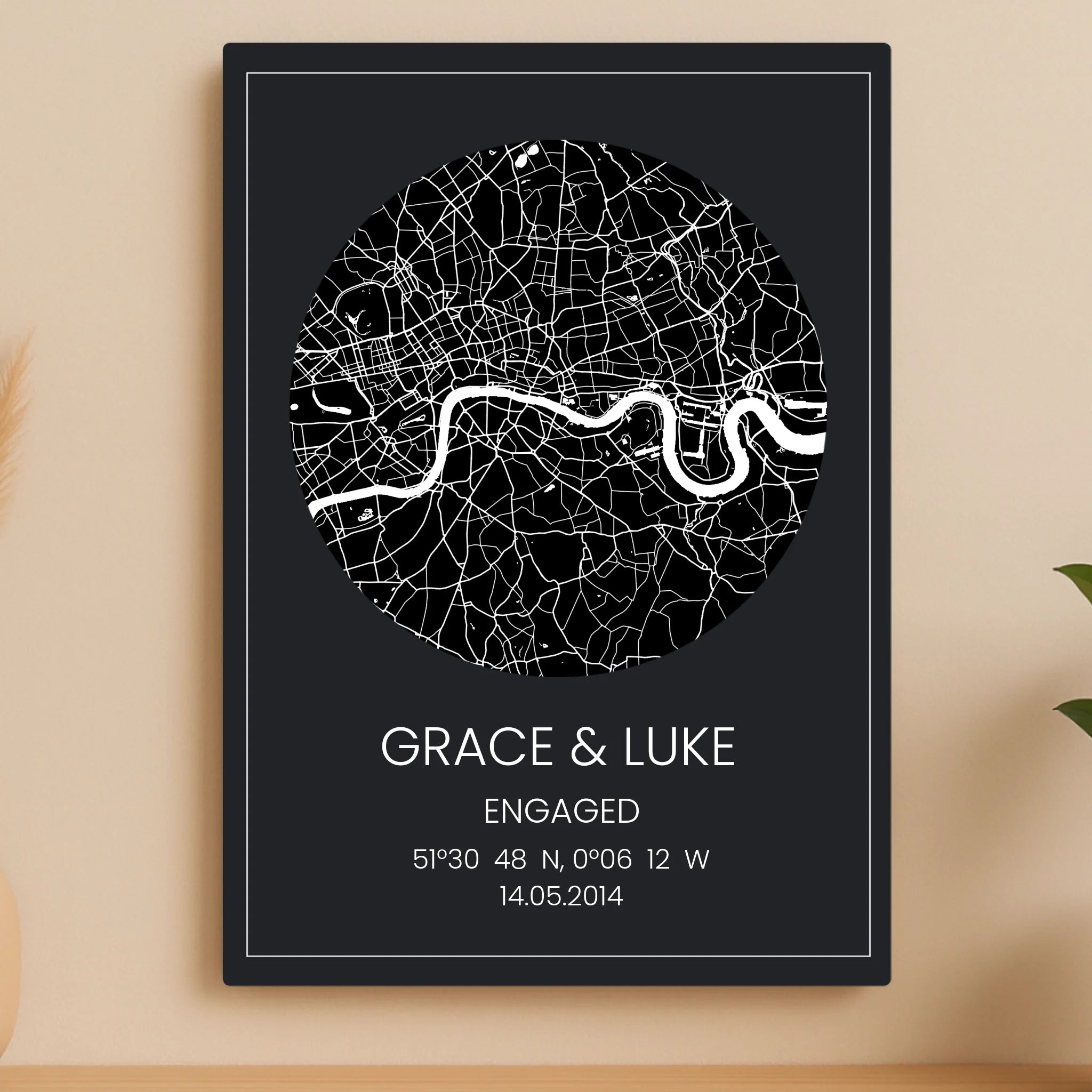 Personalised Circular Map Aluminium Panel – Custom Location, Names, Date & Coordinates – A5/A4/A3 Metal Gift