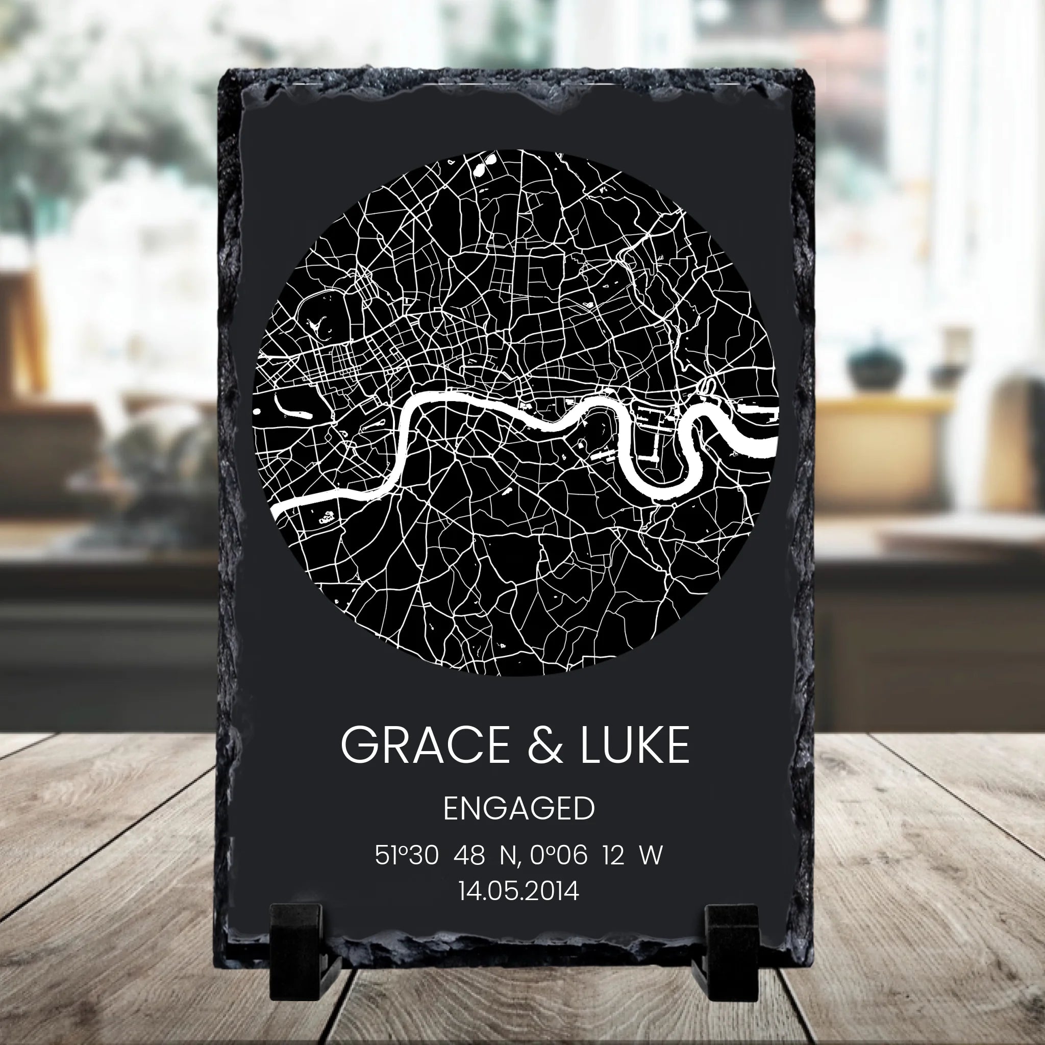 Personalised rectangular photo slate with a circular map design, custom names, date and coordinates printed on slate
