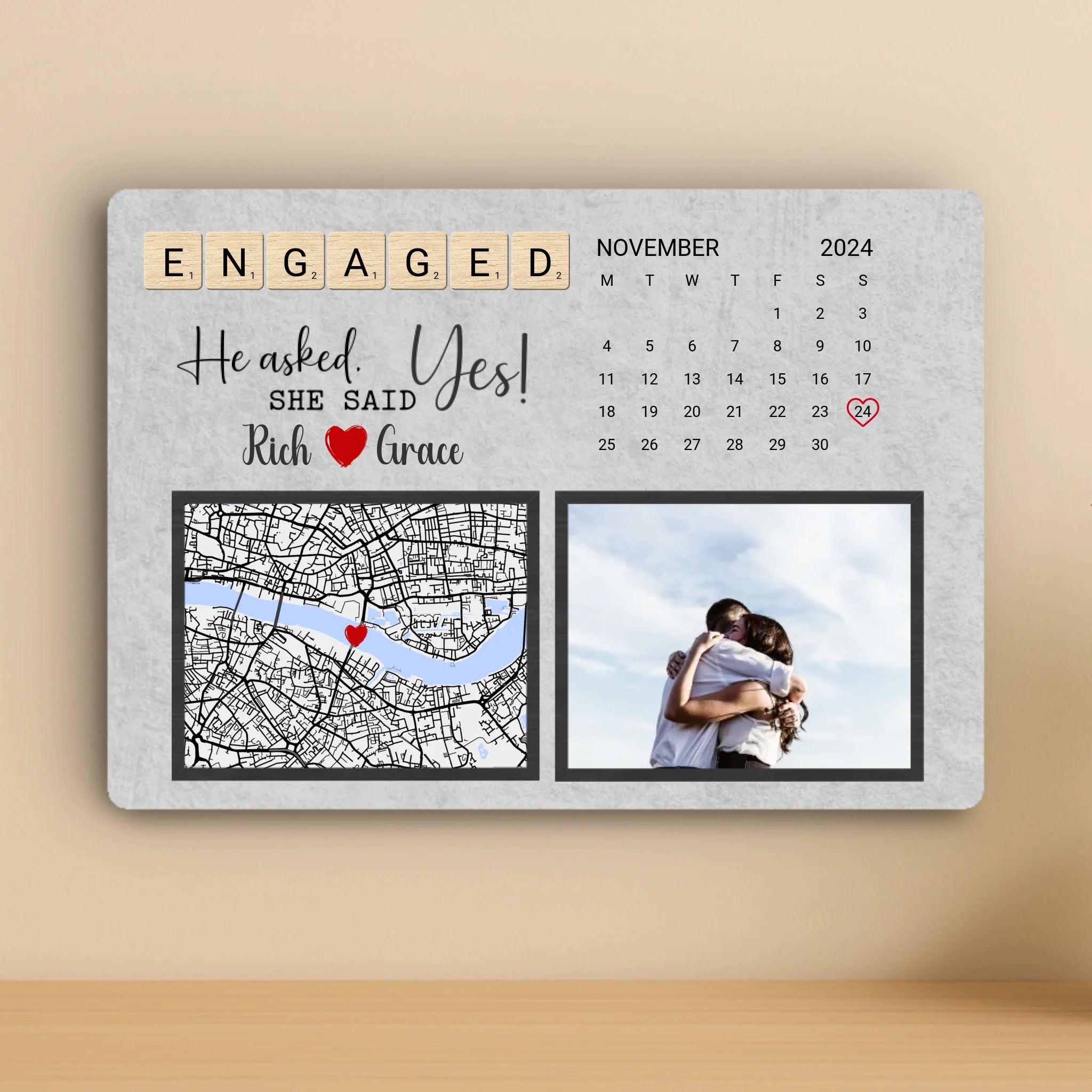 Personalised Engagement Calendar Aluminium Panel – Custom Date, Map & Photo – A5/A4/A3 Metal Gift