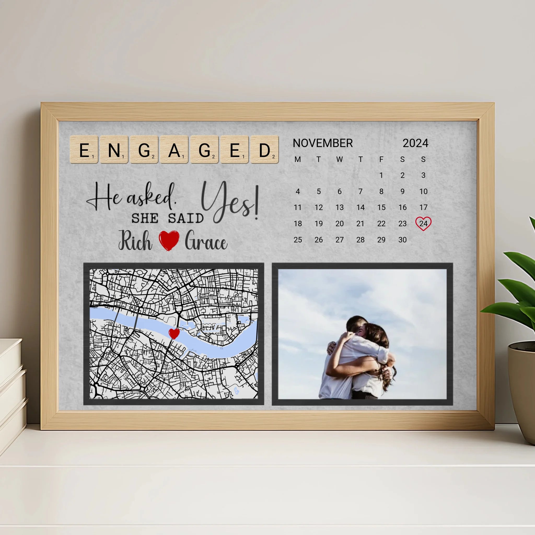 Personalised engagement print in white frame showing custom date, map and photo