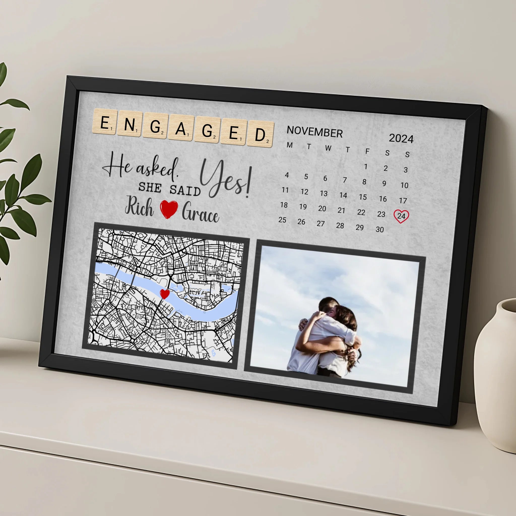 Personalised wedding anniversary photo frame with custom date and map, A4 size