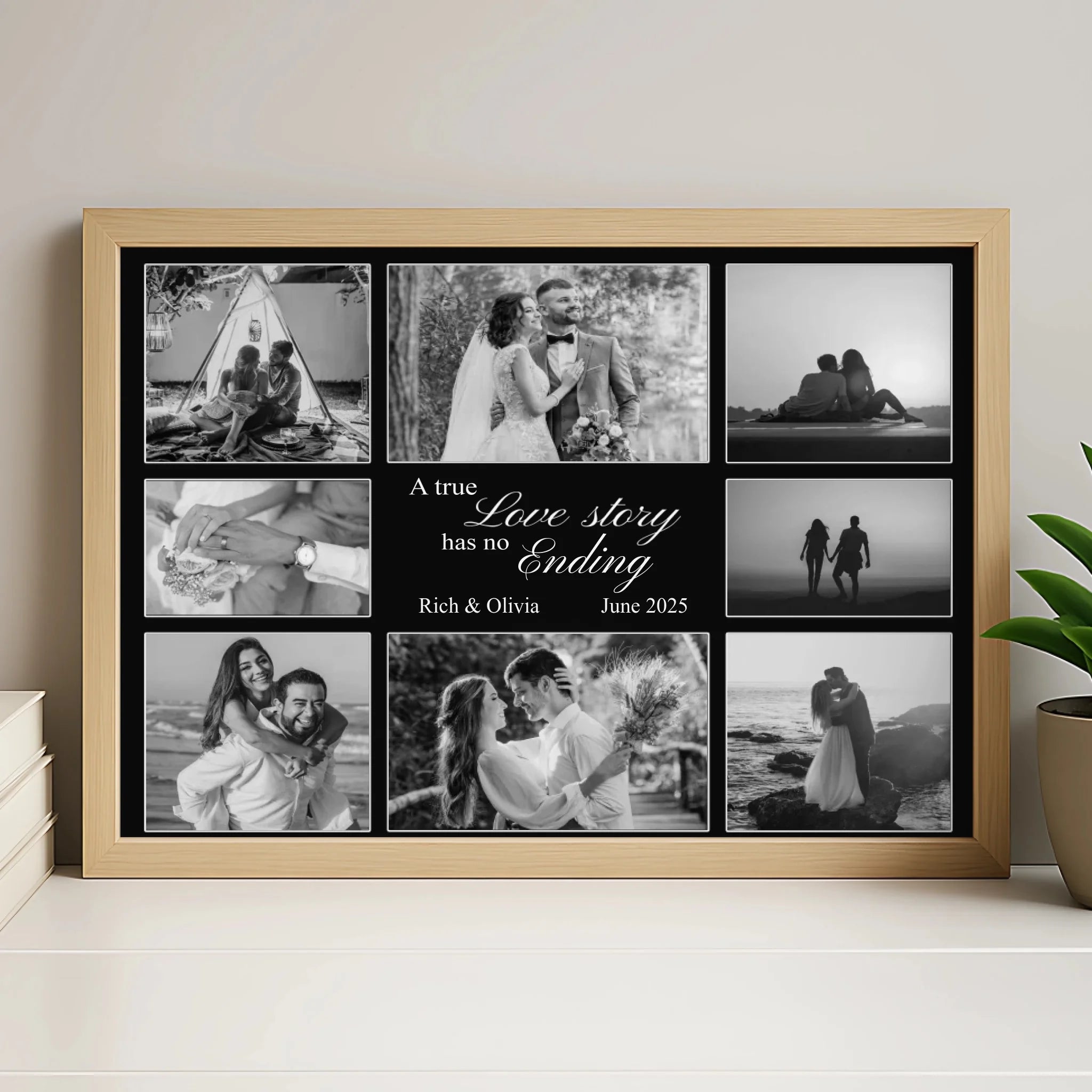 Personalised photo collage print in a white frame, A4 or A3 size with custom text